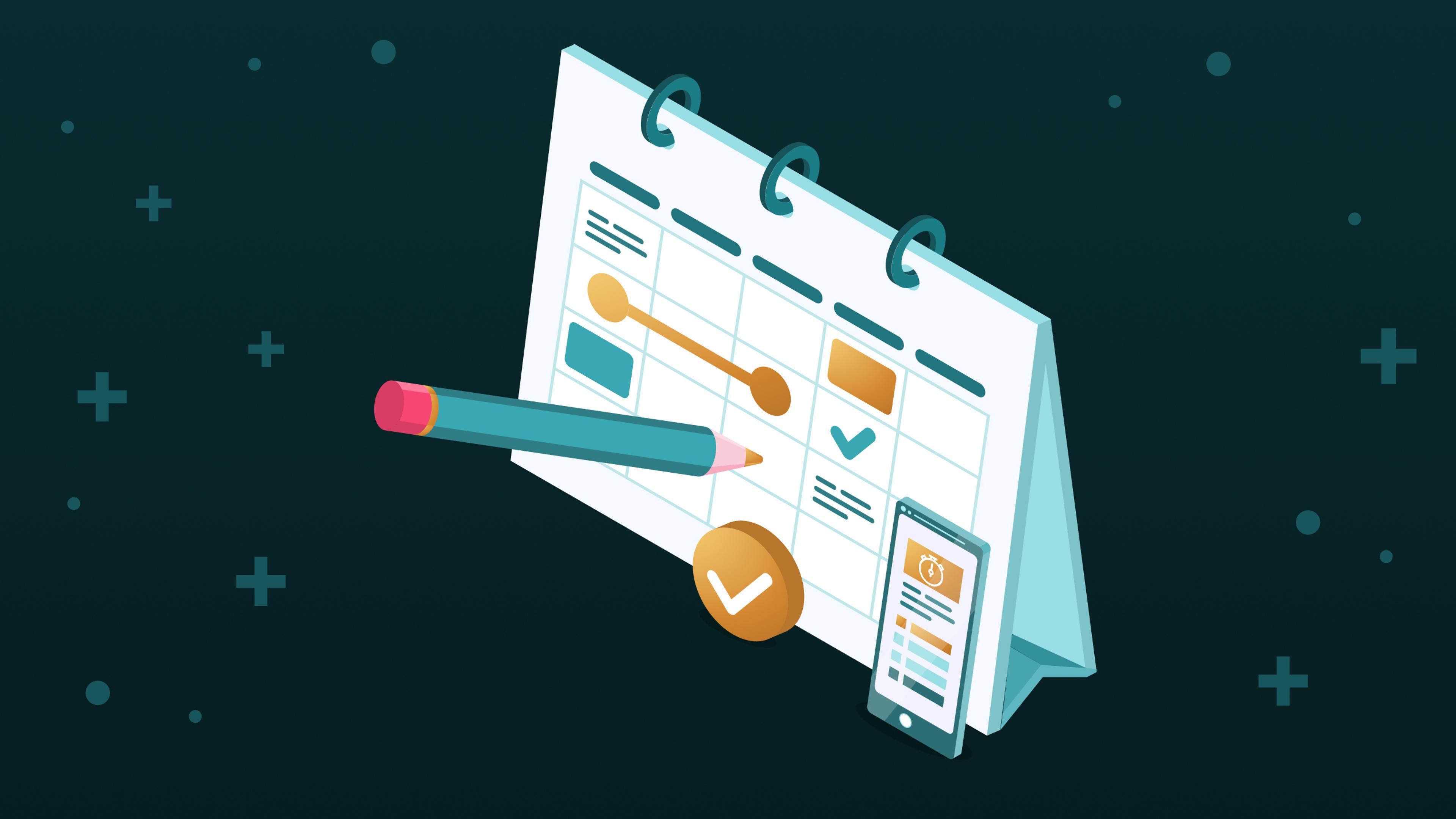 Eine isometrische Illustration eines aufgestellten Tischkalenders mit Raster, einem schwebenden Stift, goldenen Markierungen und einem daneben stehenden Smartphone.