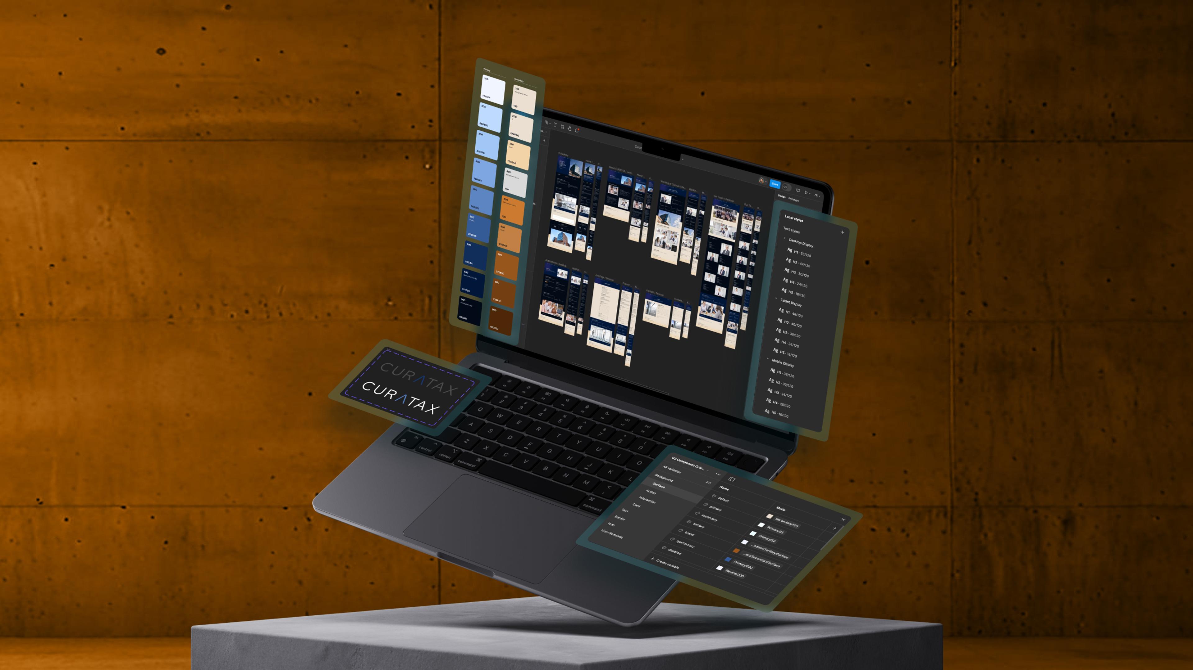Ein schwebender Laptop vor orangefarbener Betonwand mit Curatax-Logo und UI-Design-Panels
