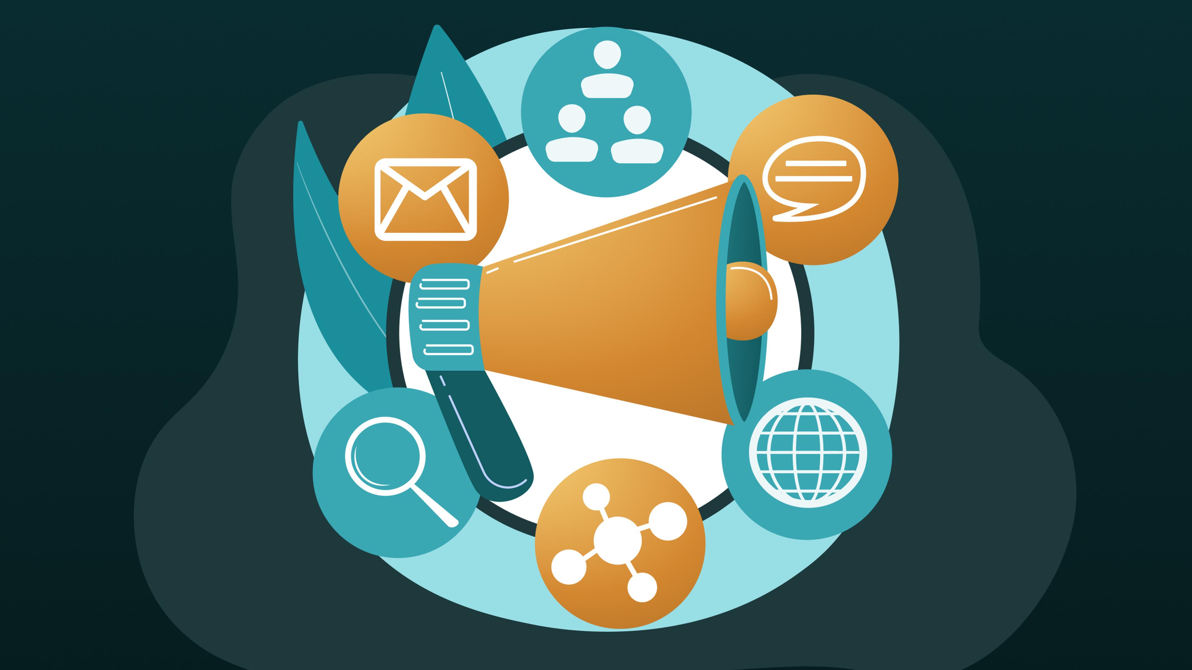 Megafon umgeben von Symbolen für E-Mail, Suche und Netzwerk auf blauem Hintergrund.