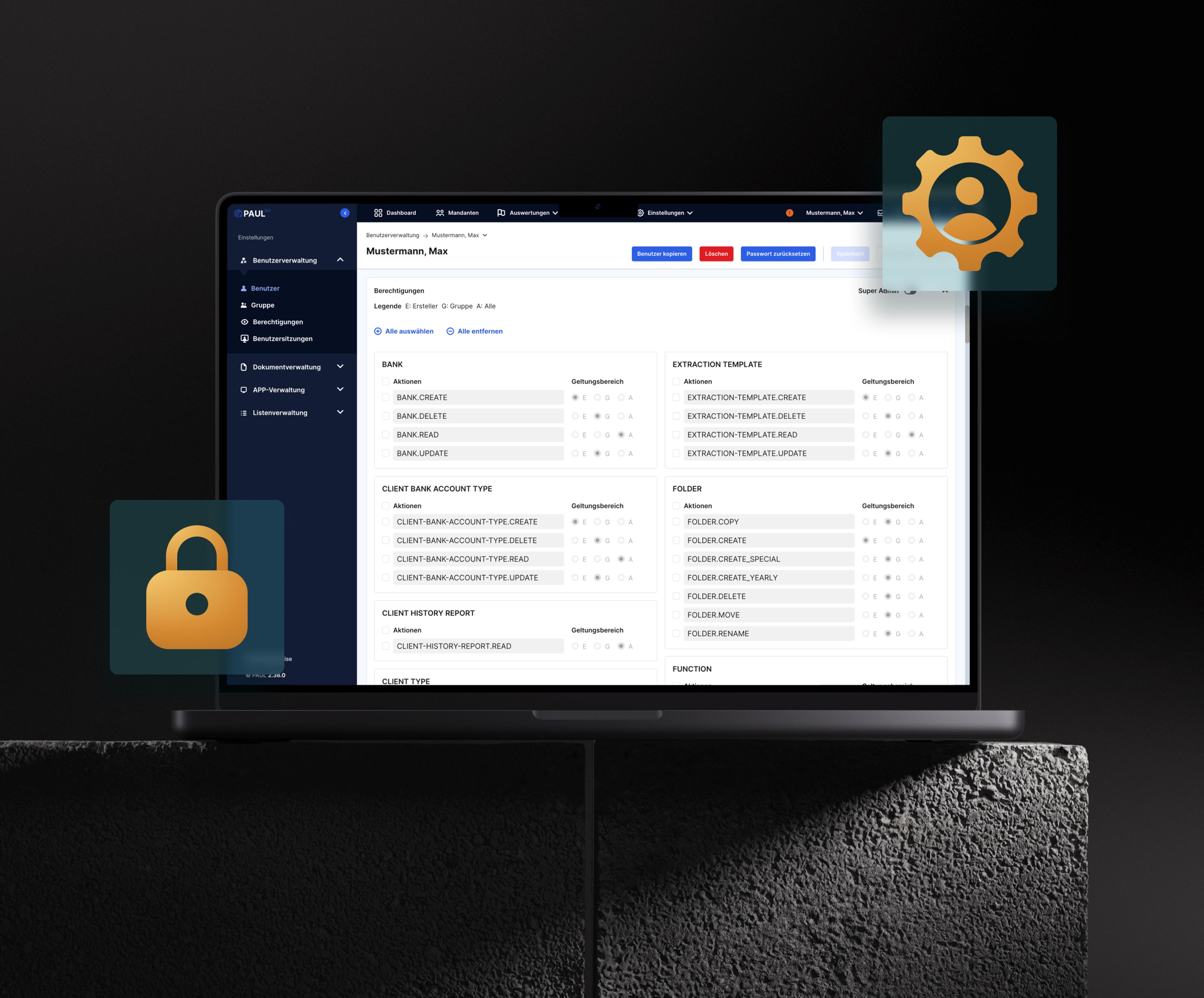 Laptop mit Benutzeroberfläche für Berechtigungseinstellungen und Sicherheitsikonen, einschließlich Schloss und Zahnradsymbol.