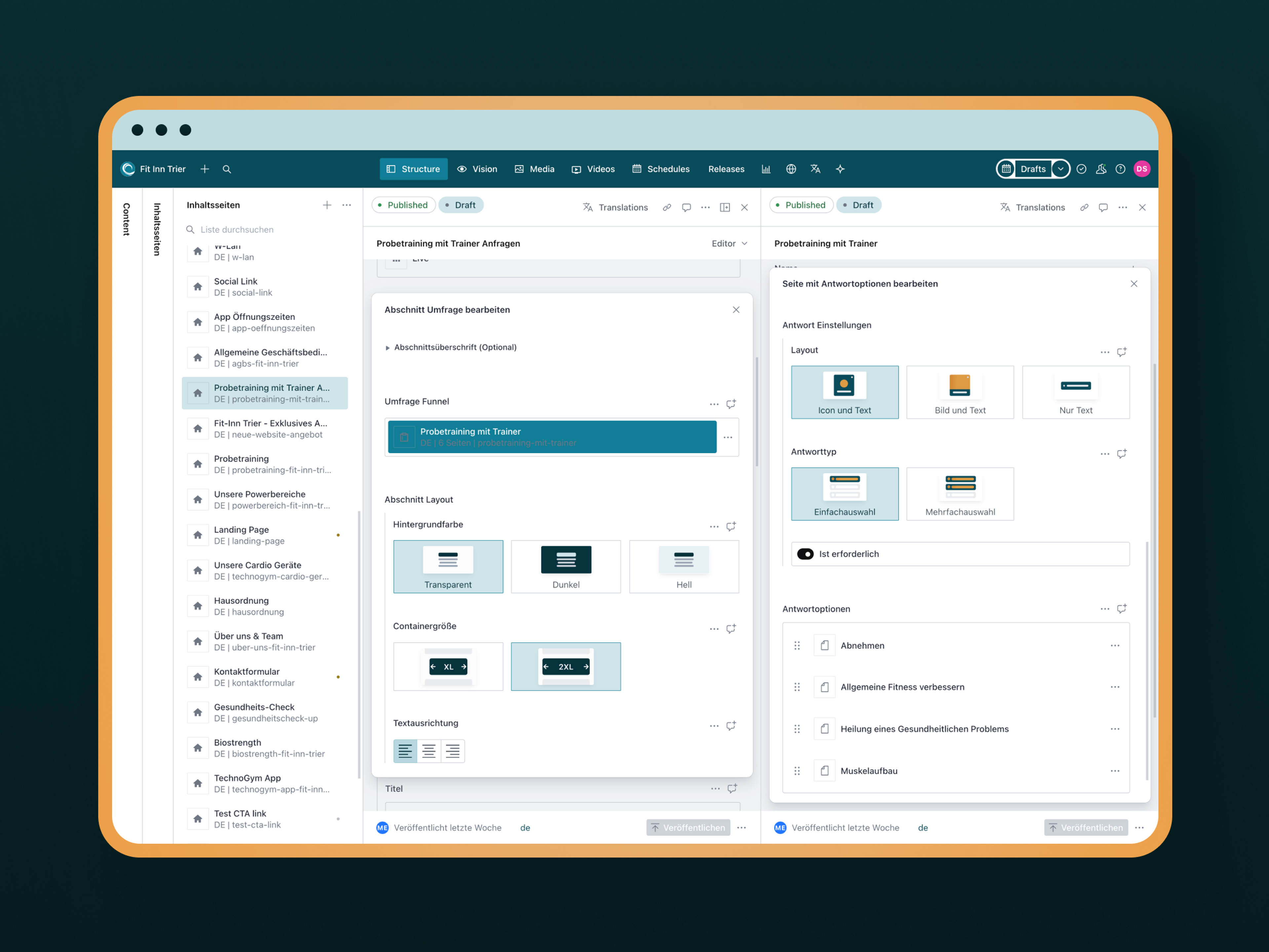 Ansicht eines Content-Management-Systems mit Formular-Editor für Probetraining-Anfrage und Antwortoptionen