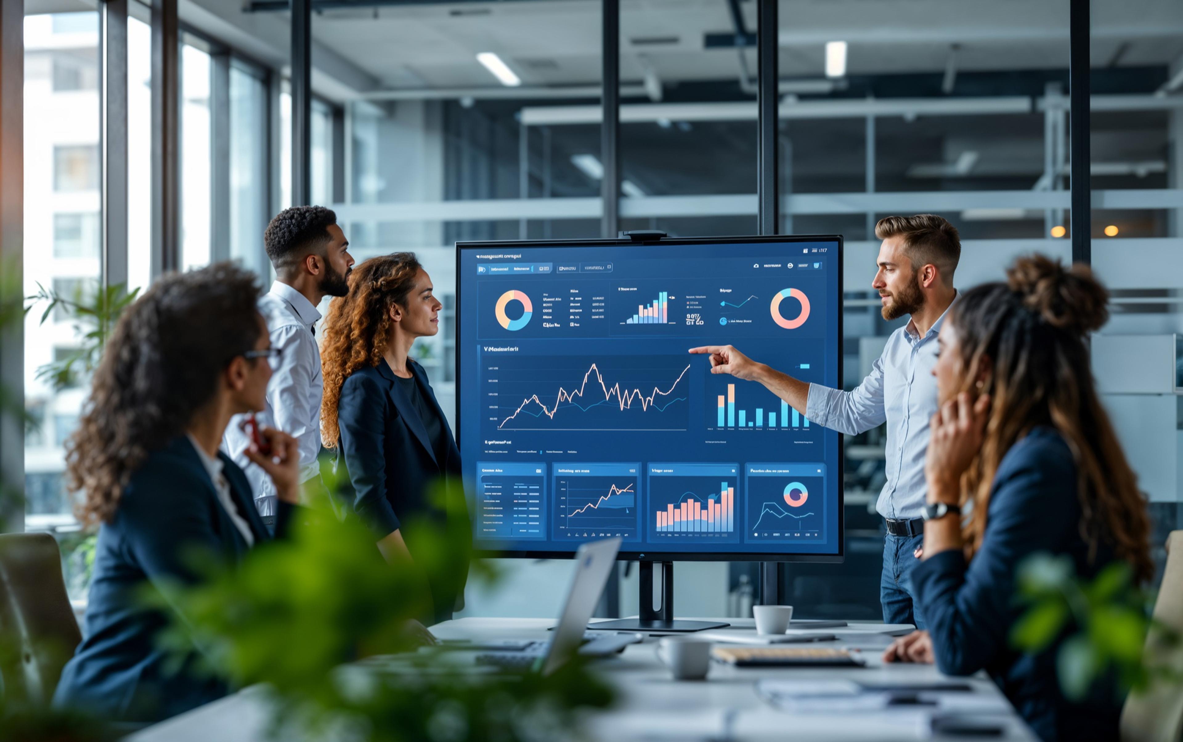 A team of experts looks at a large monitor dashboard with line, bar and pie charts during a presentation in a modern, glass-walled conference room.
