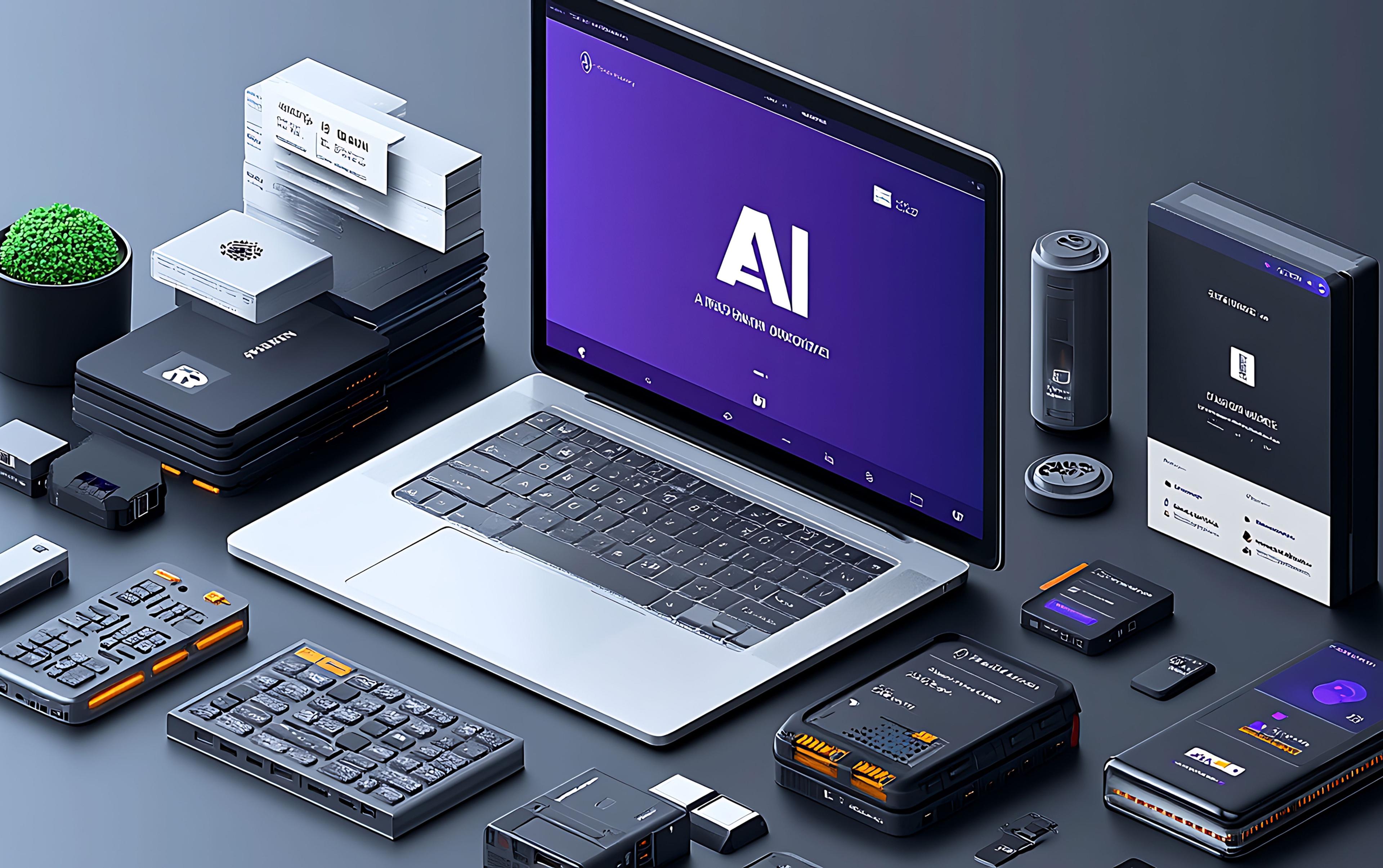 Laptop mit AI-Logo auf Bildschirm, umgeben von technischen Geräten auf grauem Tisch