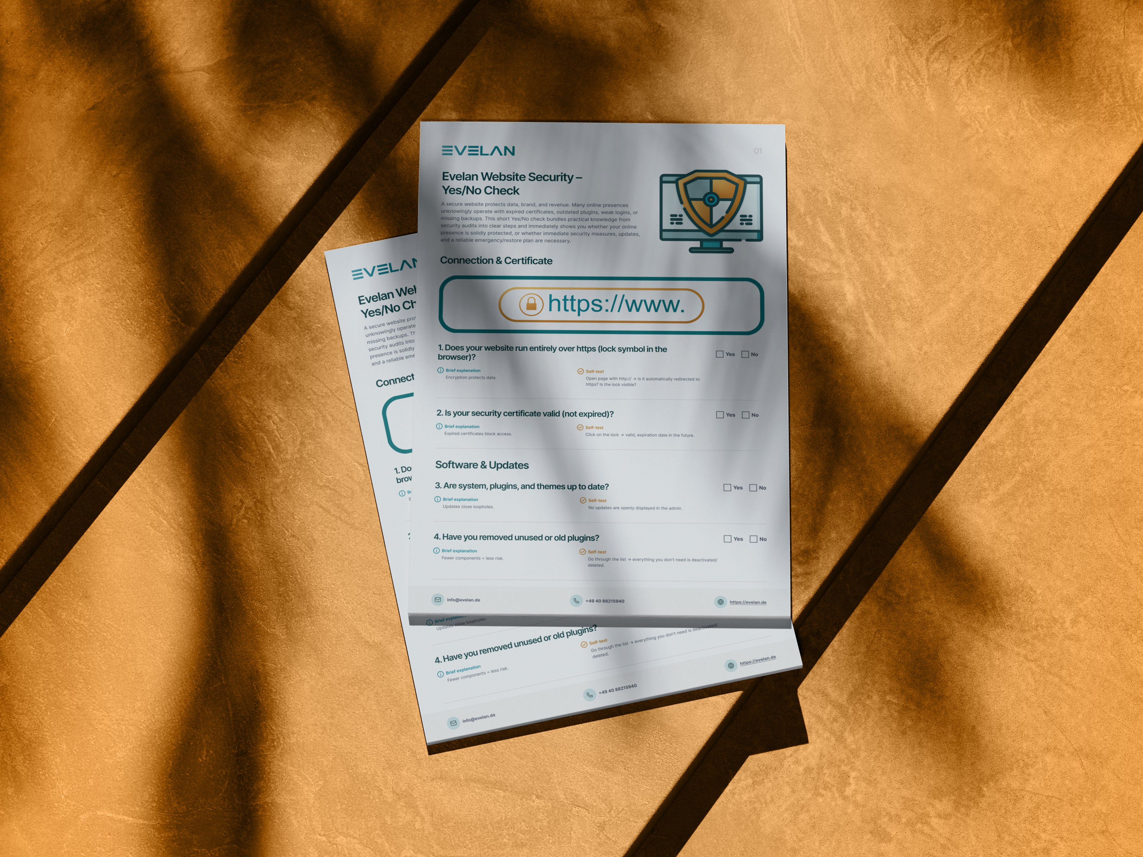 Printed web security checklist with HTTPS icon on brown table