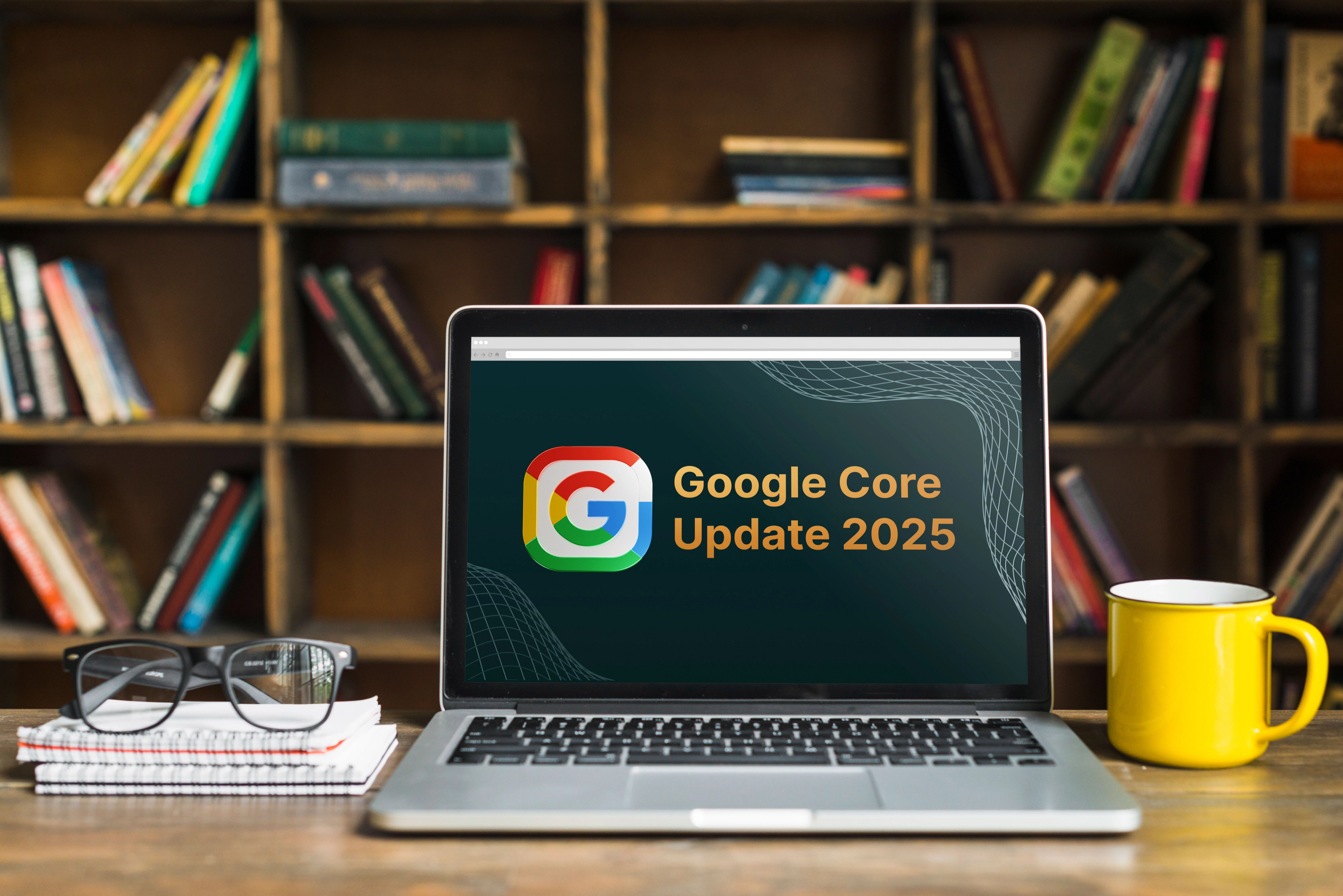 Ein Laptop zeigt auf dem Bildschirm das Logo und den Schriftzug "Google Core Update 2025" neben einem Notizblock mit Brille und einer gelben Tasse vor einem Holzregal voller Bücher