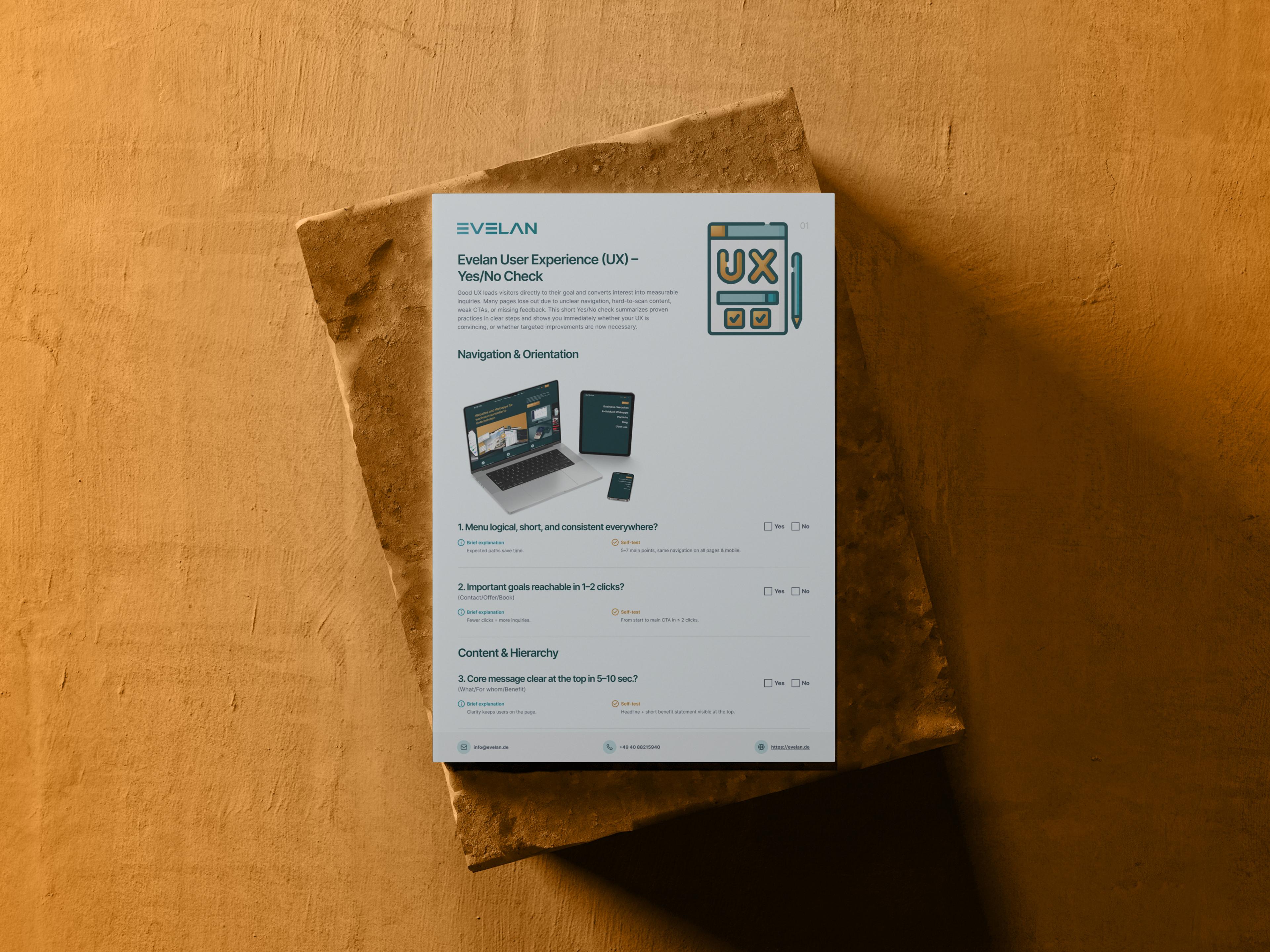 UX checklist with sections on navigation and content on brown table