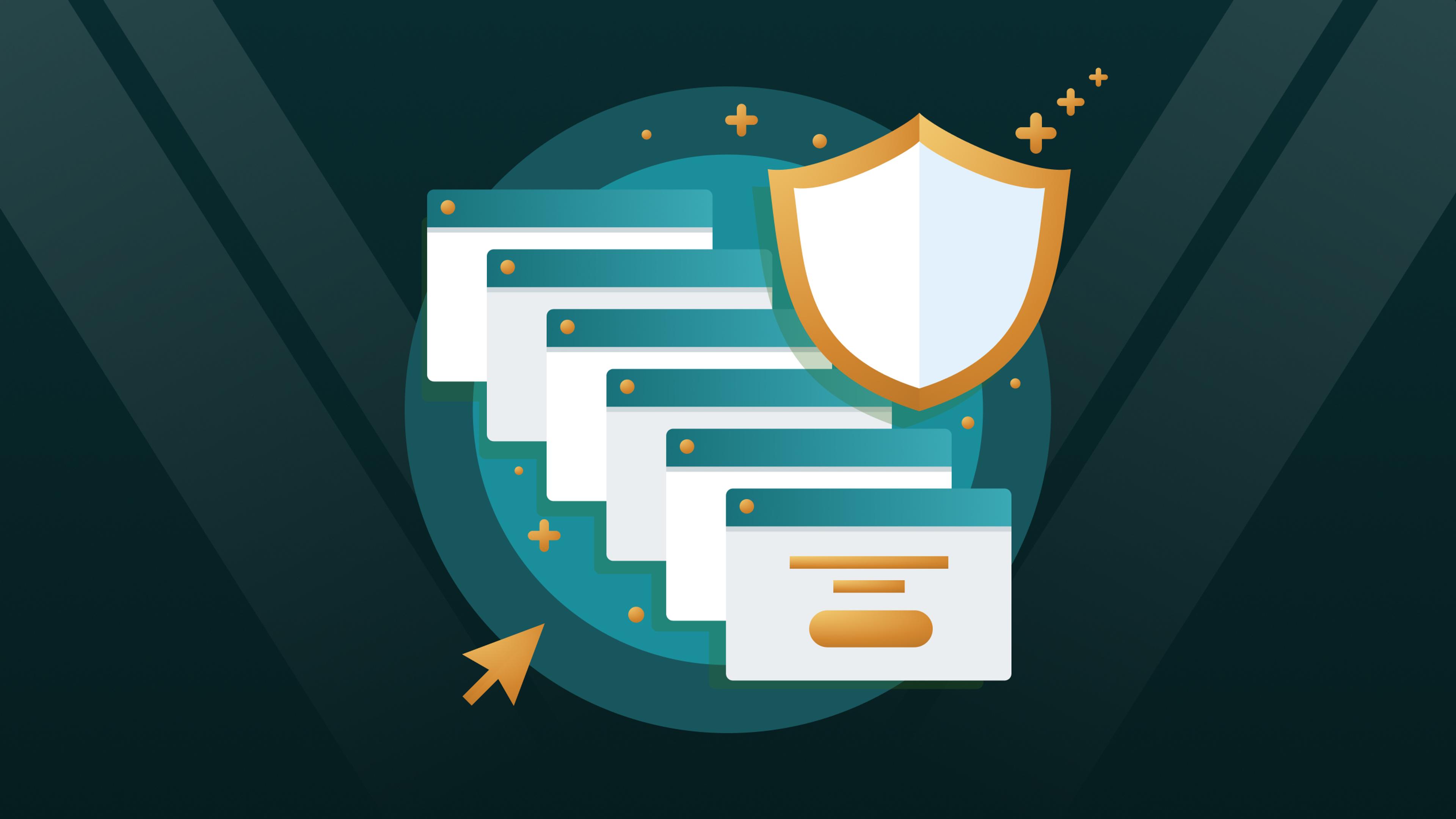 Абстрактное изображение щита и перекрывающихся окон браузера, демонстрирующее веб-защиту