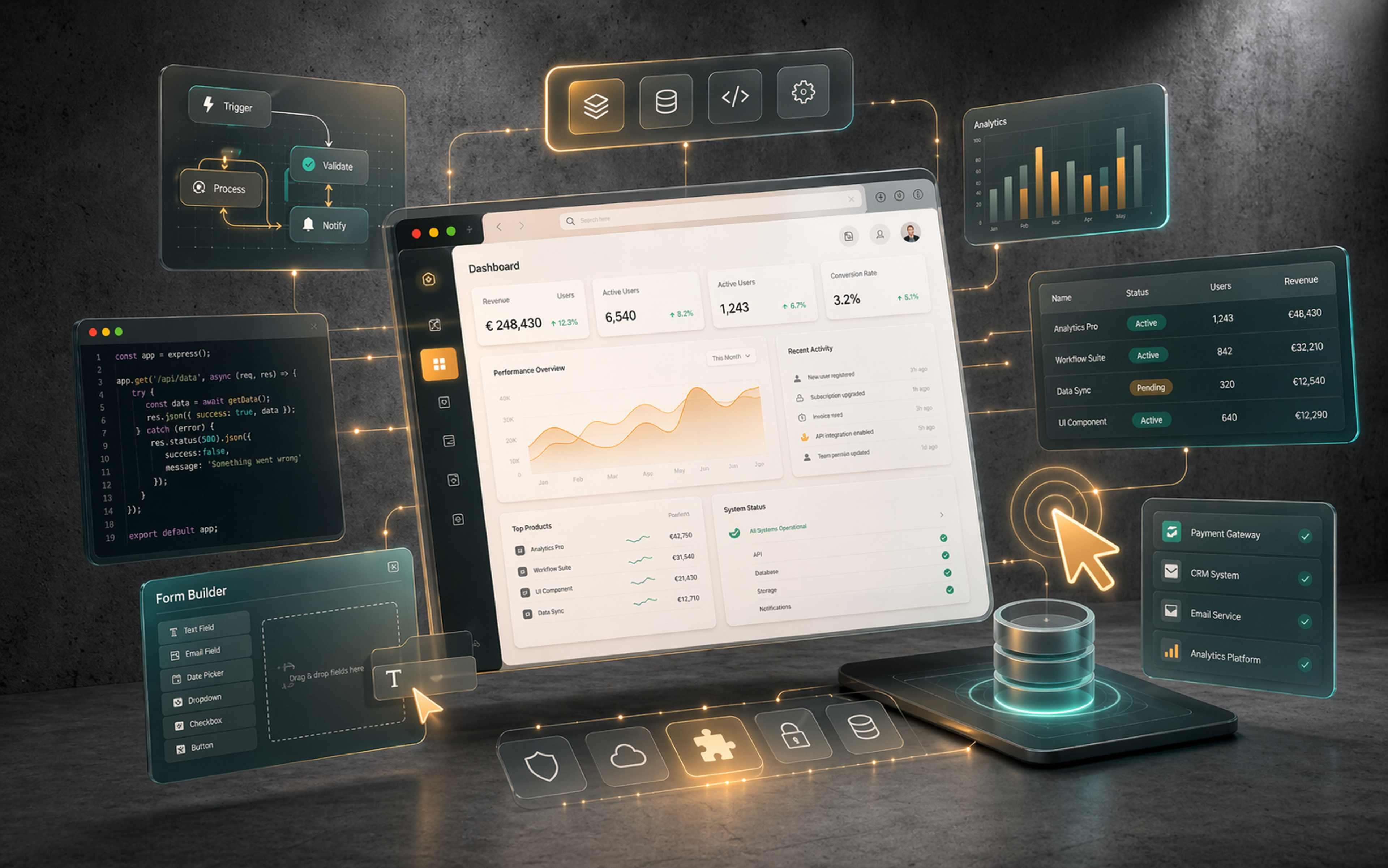 Komplexe digitale Dashboard-Schnittstelle mit Diagrammen und Datenmodulen auf dunklem Hintergrund