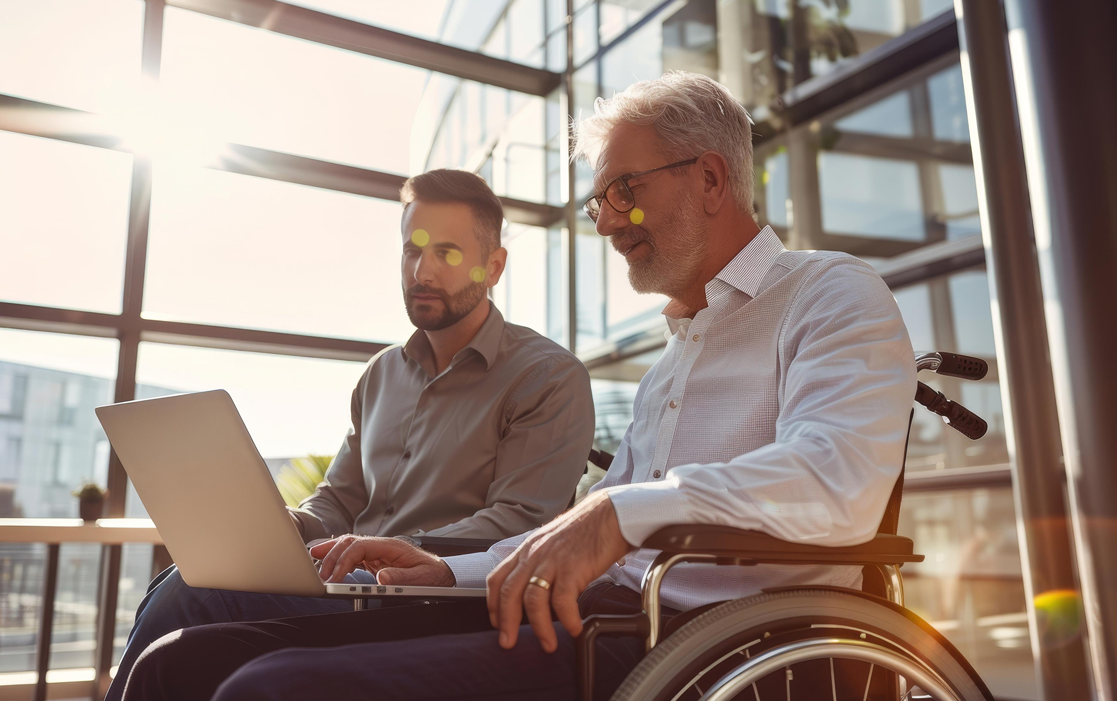 Zwei Männer mit Kopfhörern, einer sitzt im Rollstuhl, arbeiten gemeinsam am Laptop