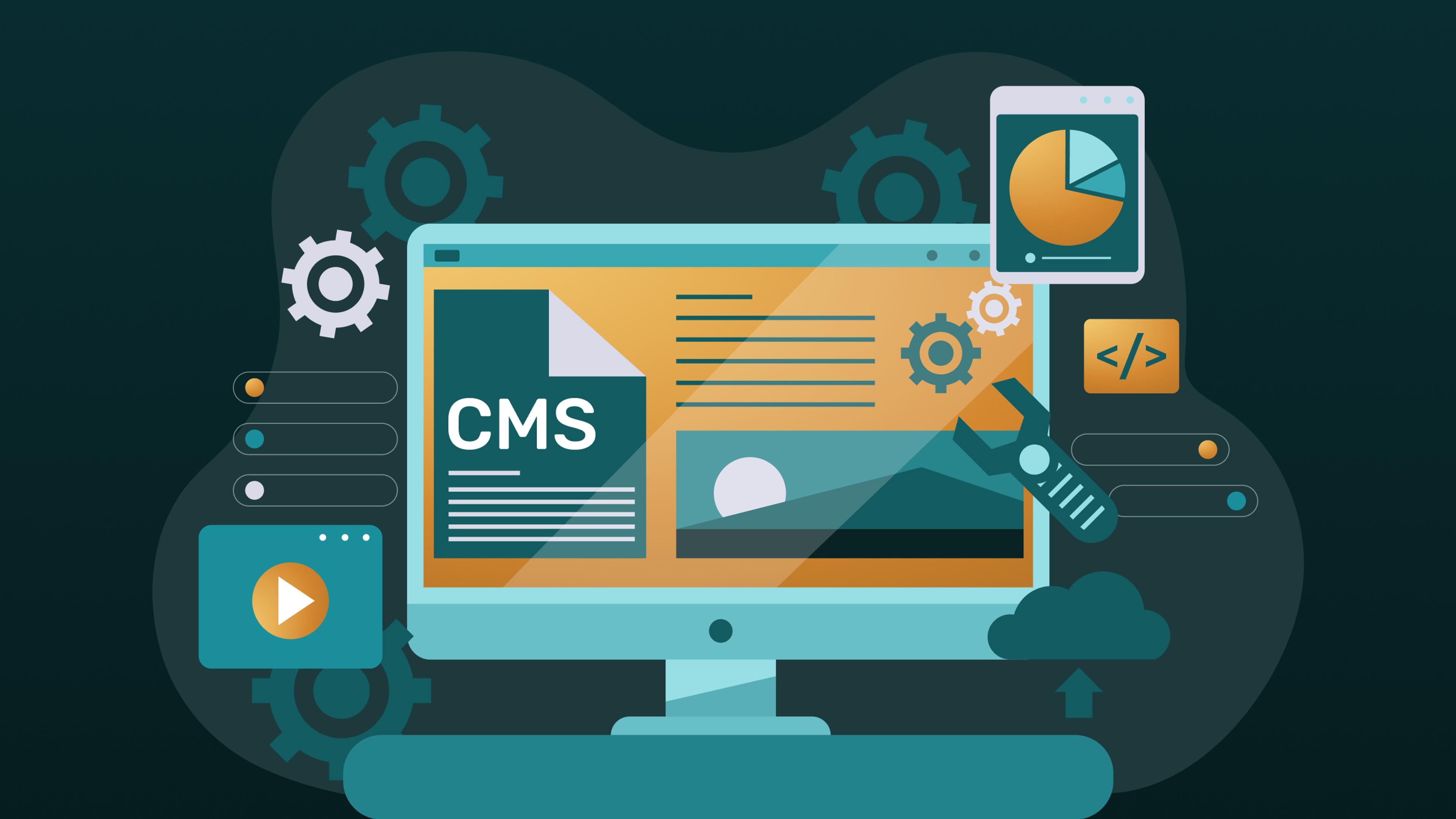Illustration eines Desktop-Monitors mit einer CMS-Webseitenansicht, umgeben von Zahnrädern, Schraubenschlüssel, Cloud-Upload-Symbol, Tablet mit Kreisdiagramm, Play-Button und Code-Icon