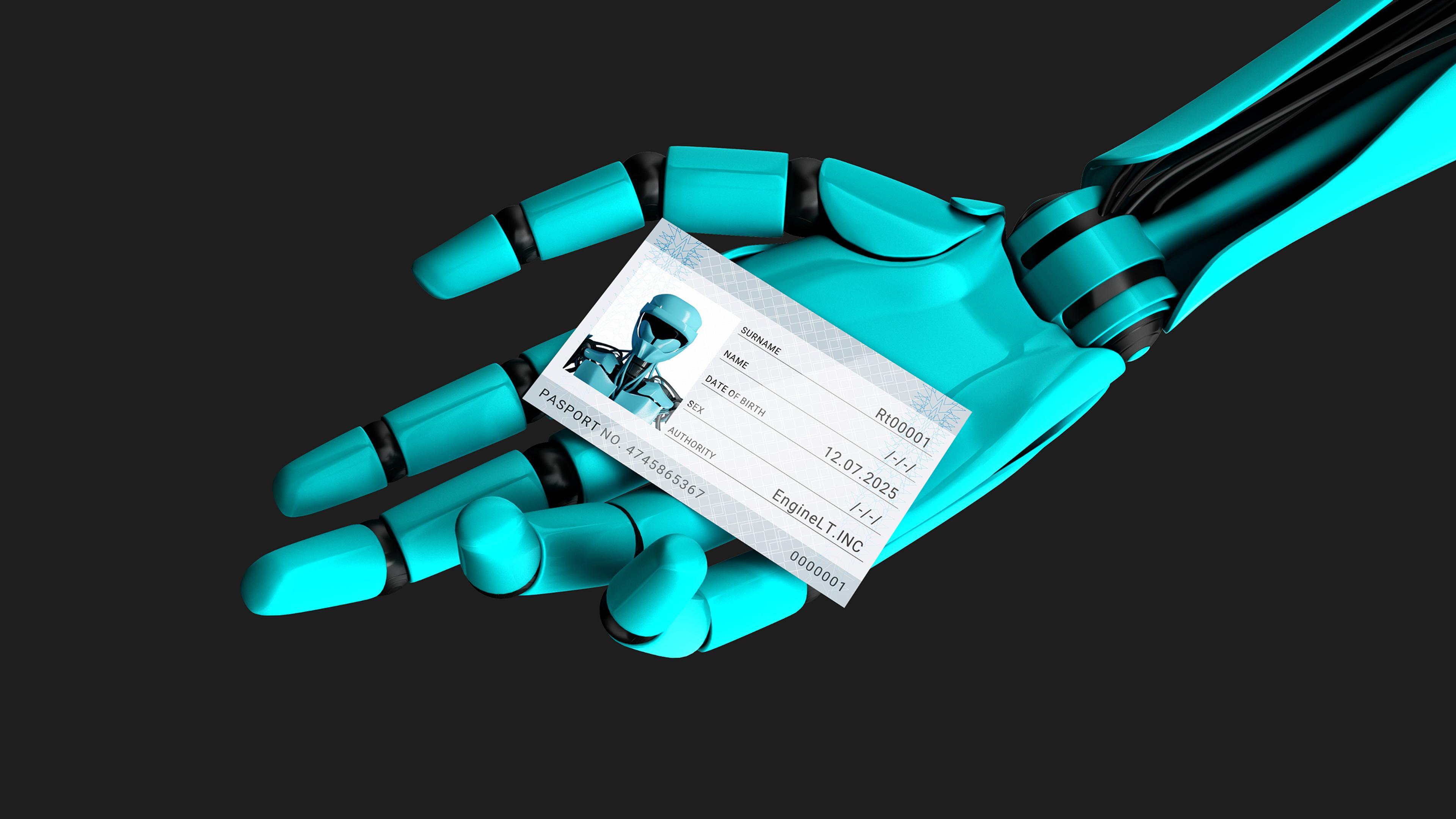 Türkise Roboterhand mit digitalem Pass, schwarzer Hintergrund