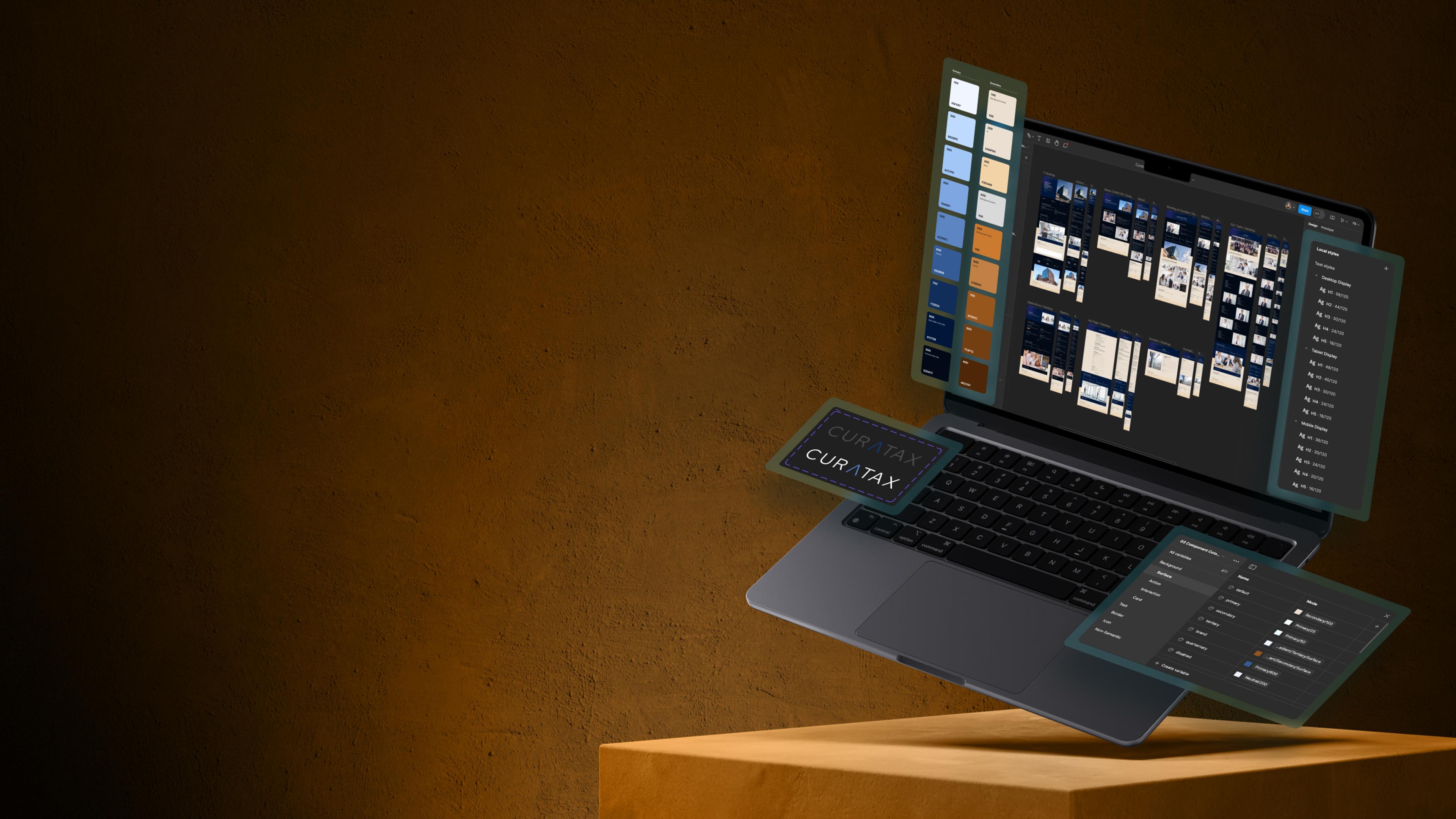 A laptop floats in the air with design software windows open on the screen