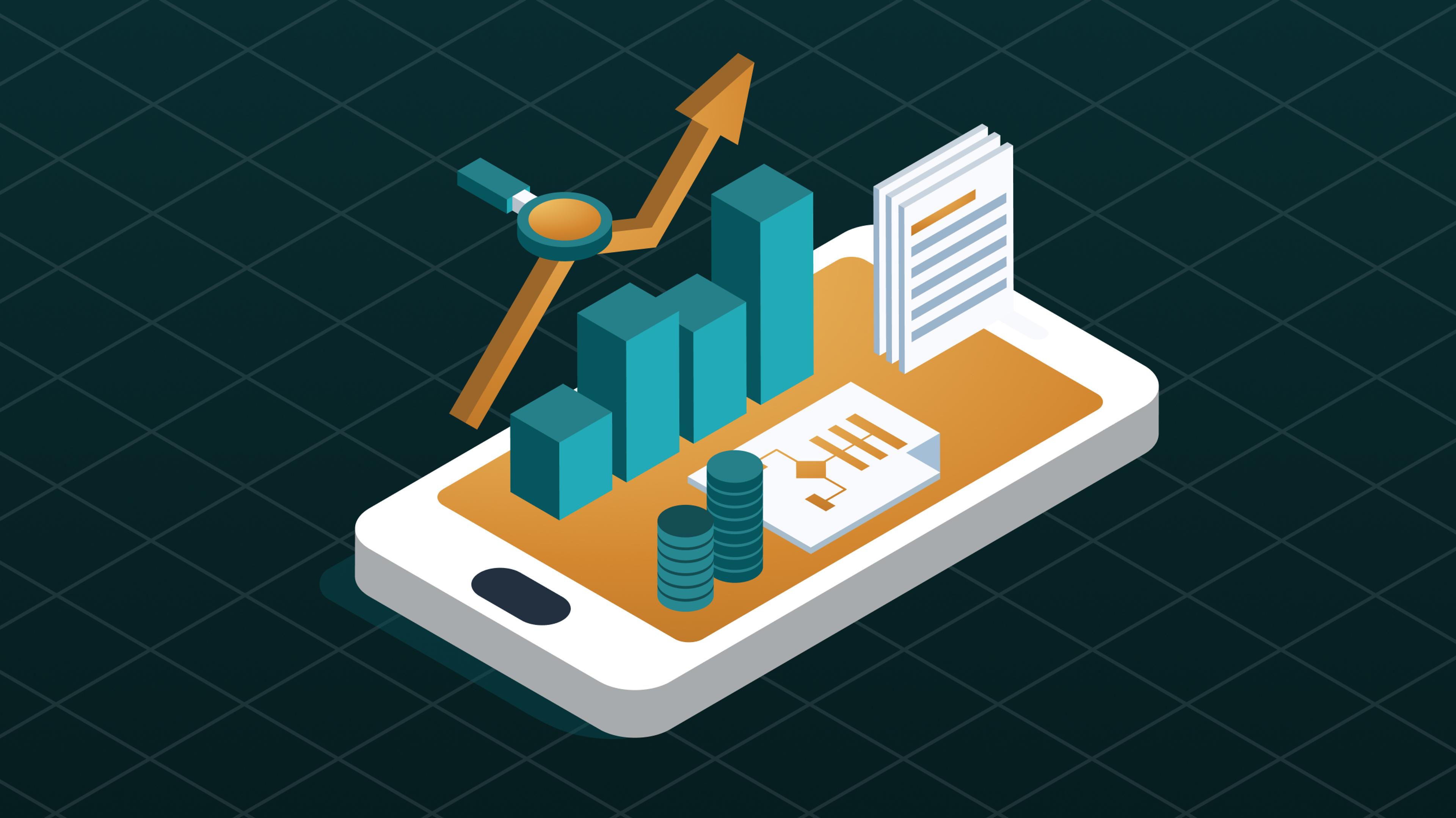 Isometrische Darstellung eines Smartphones mit 3D-Balkendiagramm, aufsteigendem Pfeil, Lupe, Münzstapeln und gestapelten Dokumenten