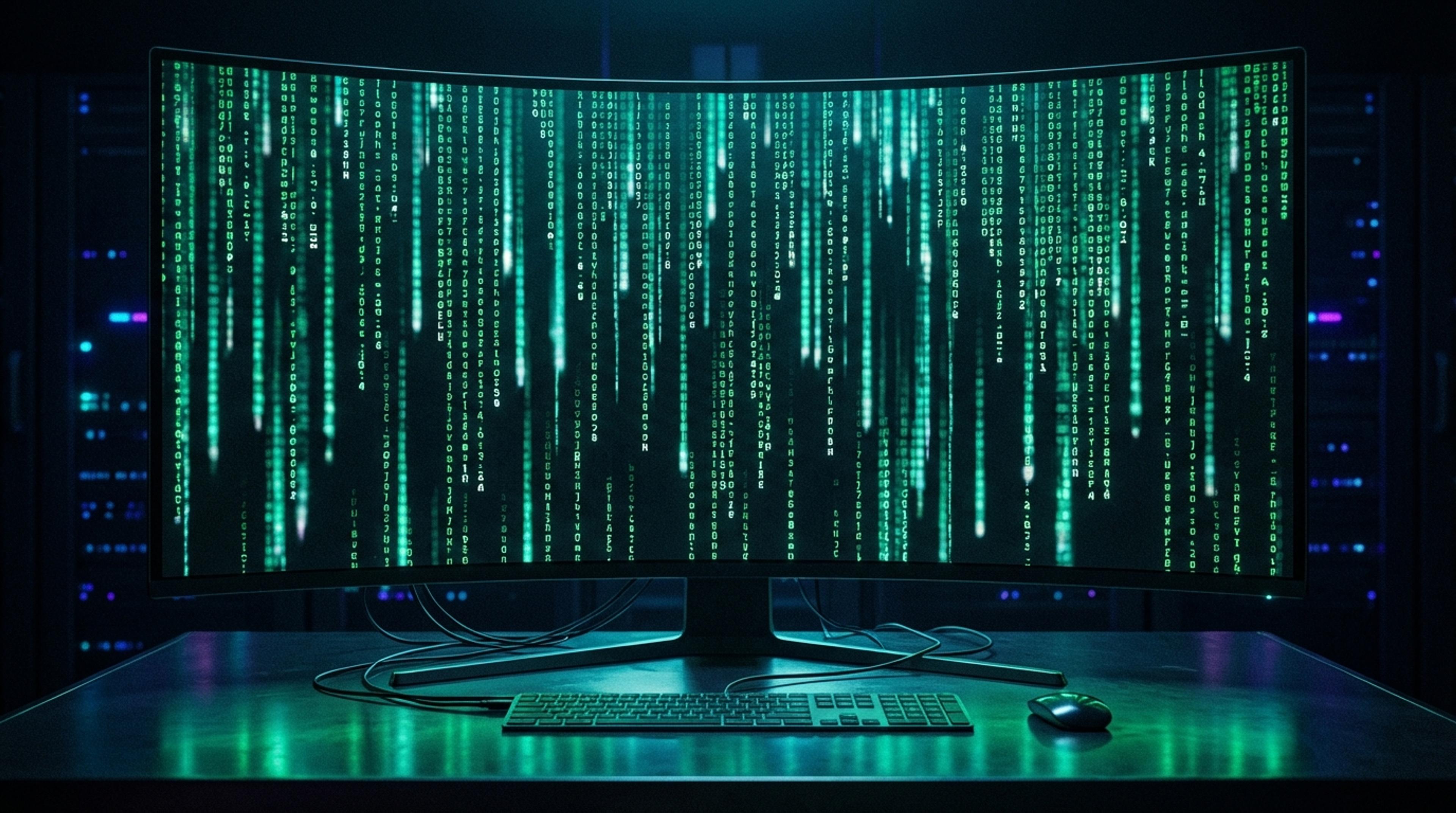 Grüne Zeichenkaskade auf schwarzem Bildschirm — digitaler Code im Matrix-Stil als Symbol für npm Supply Chain Attack Schutz