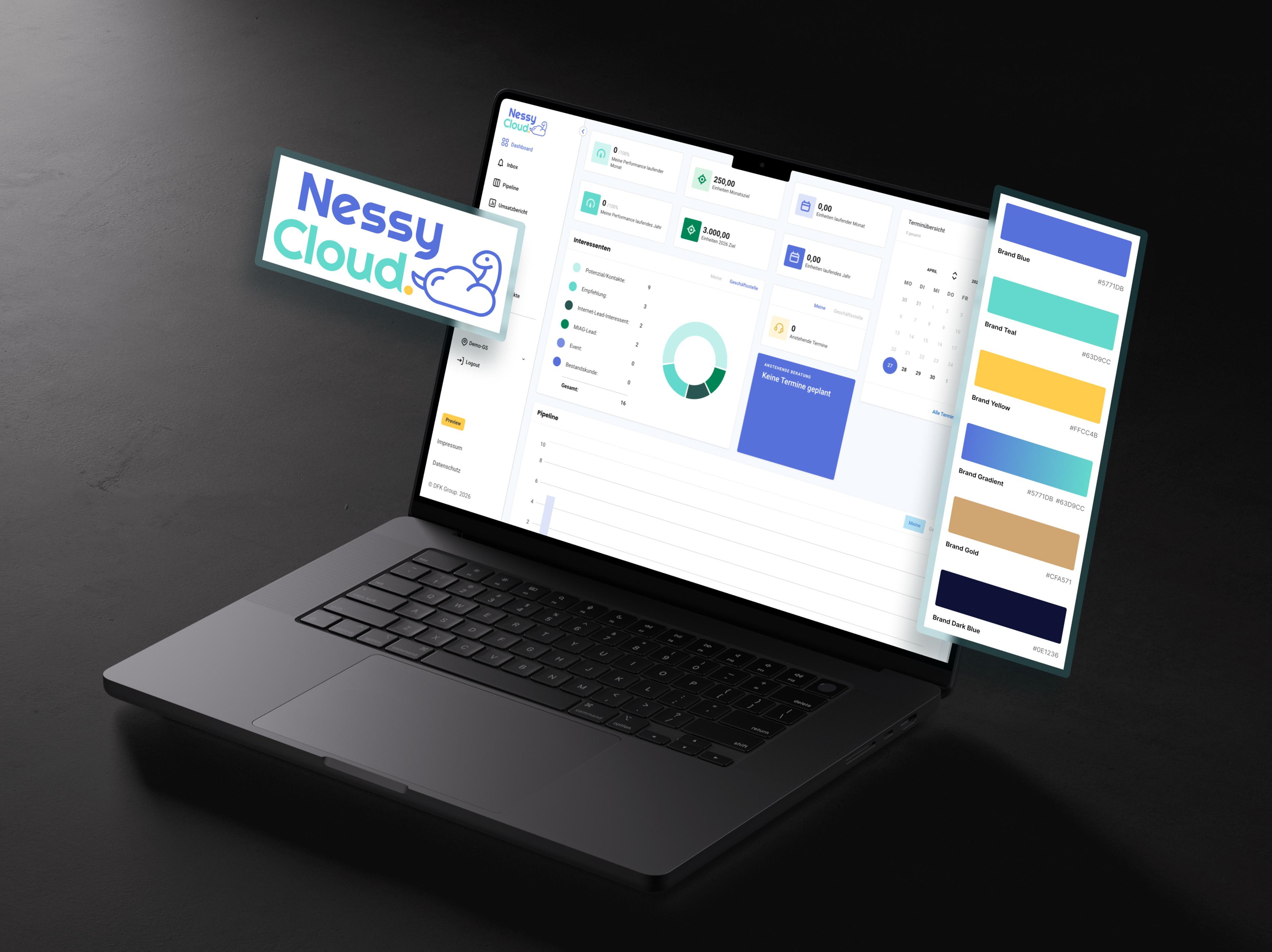 Laptop mit Nessy Cloud Dashboard und Farbpalette auf schwarzem Hintergrund.