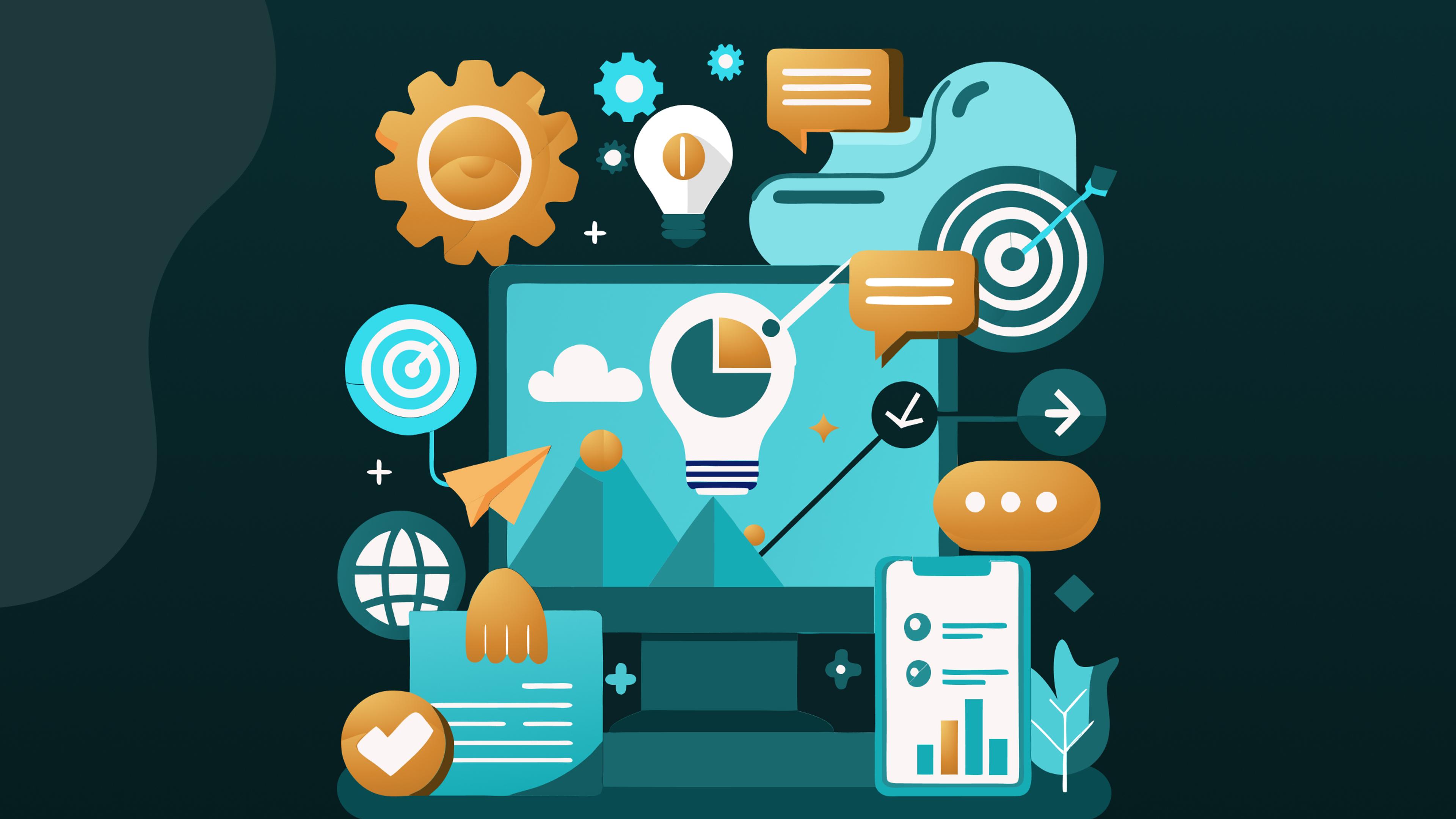 Digitale Marketingillustration mit Glühbirne, Diagrammen, Zielscheibe und Wolken auf blauem Hintergrund.