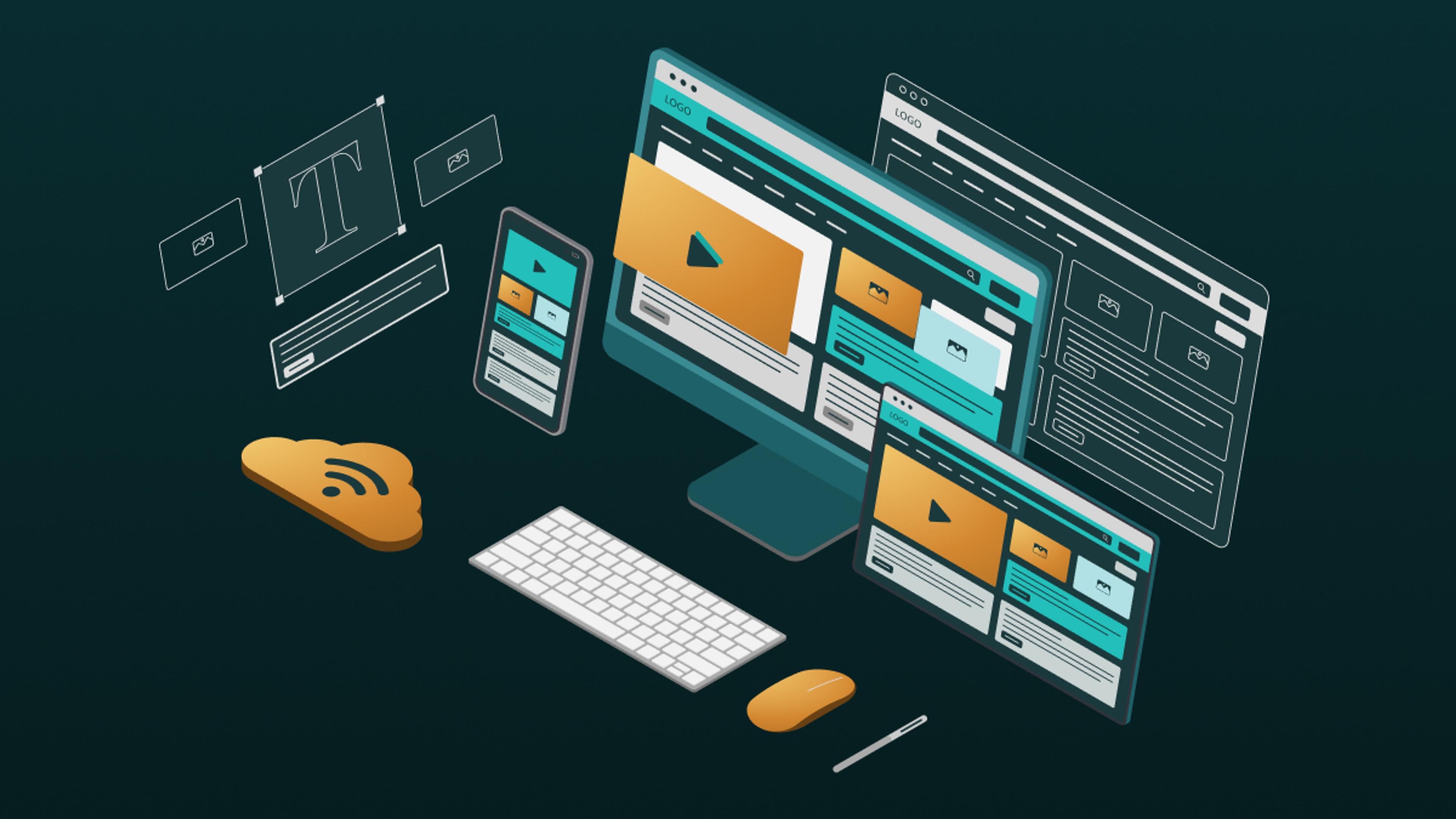 An illustration showing a desktop monitor, overlapping browser windows, a smartphone interface, a keyboard, mouse, stylus, and a cloud icon to represent responsive web design and cloud integration