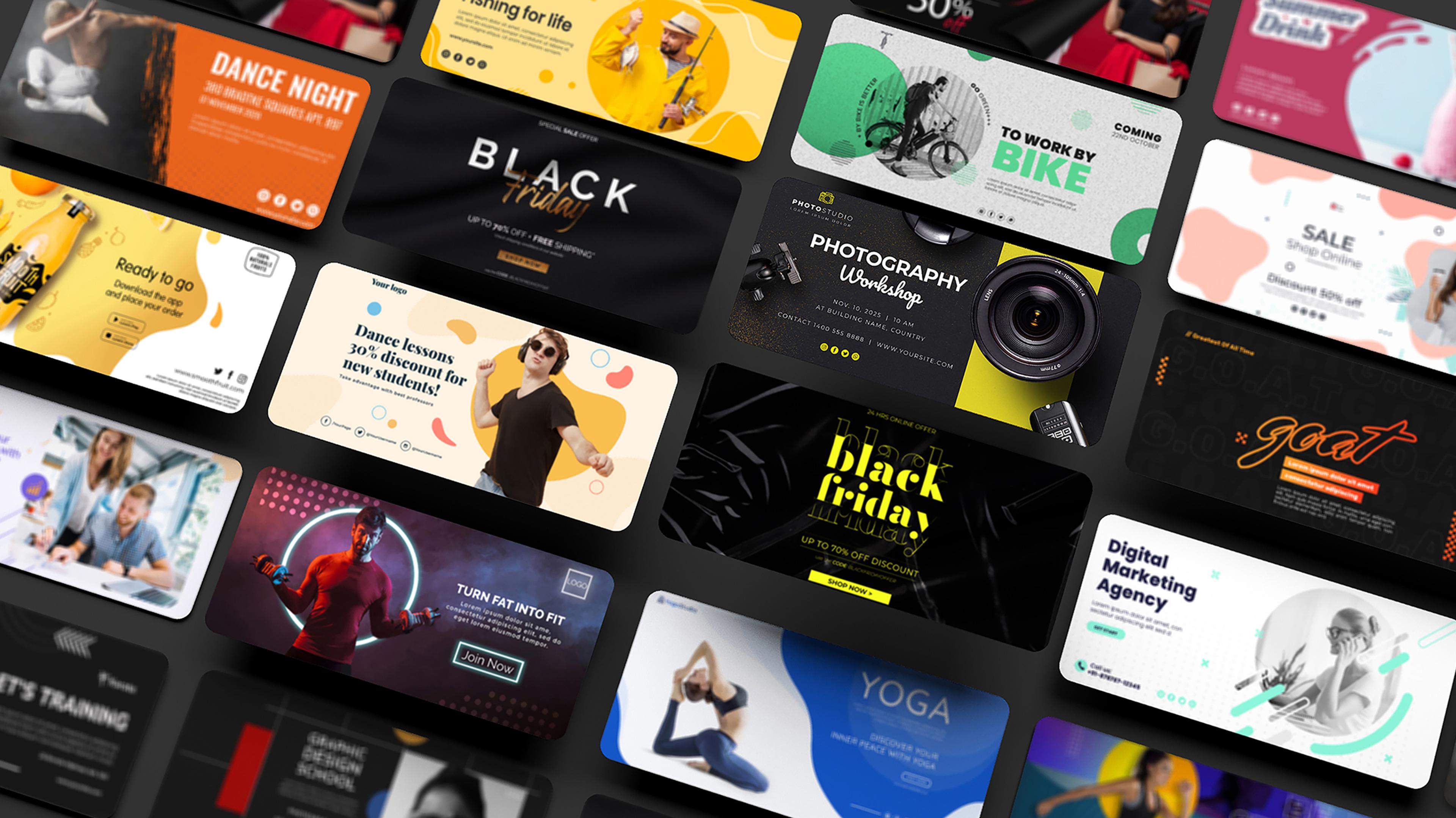 Mehrere bunte Marketing-Banner mit Texten zu Rabatten, Events und Kursen in verschiedenen Designs.