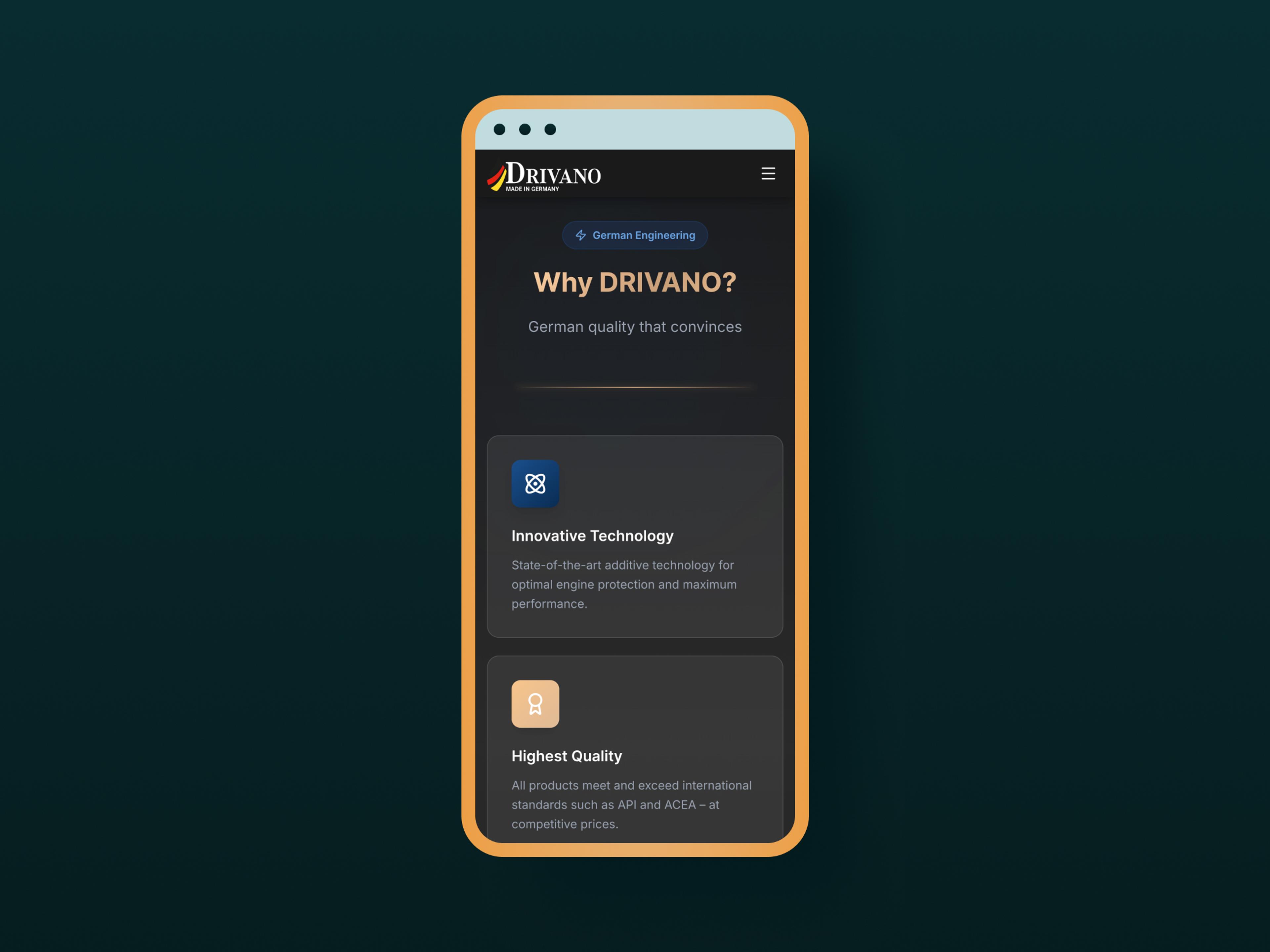 Smartphone-Anzeige der DRIVANO-Webseite mit deutscher Qualitätsbeschreibung auf dunklem Hintergrund.