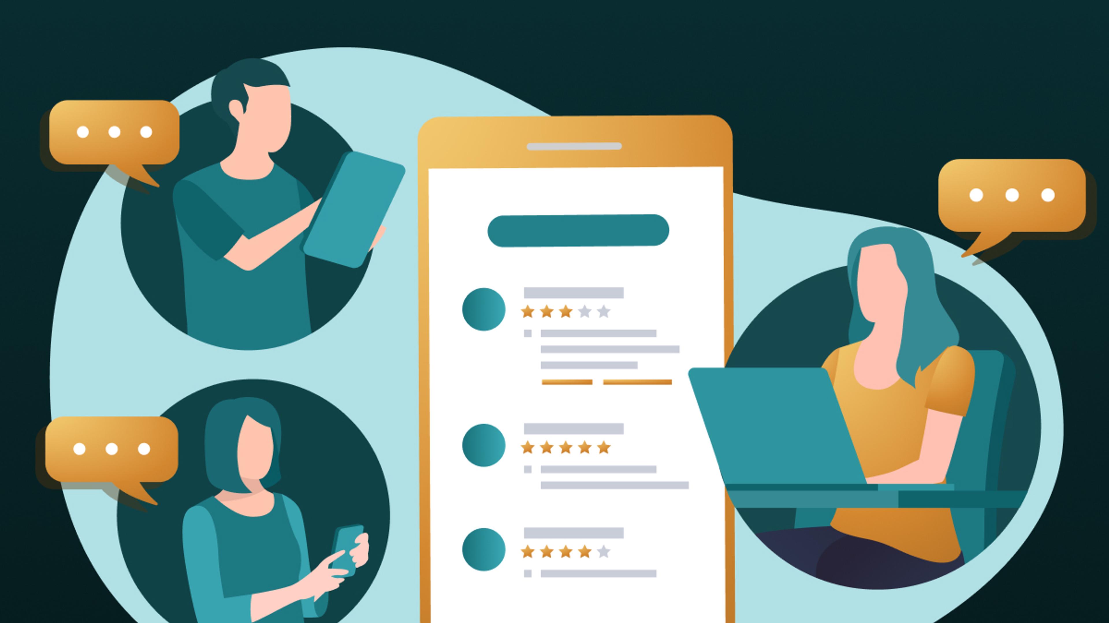 Illustration of users submitting ratings and reviews on a central dashboard screen