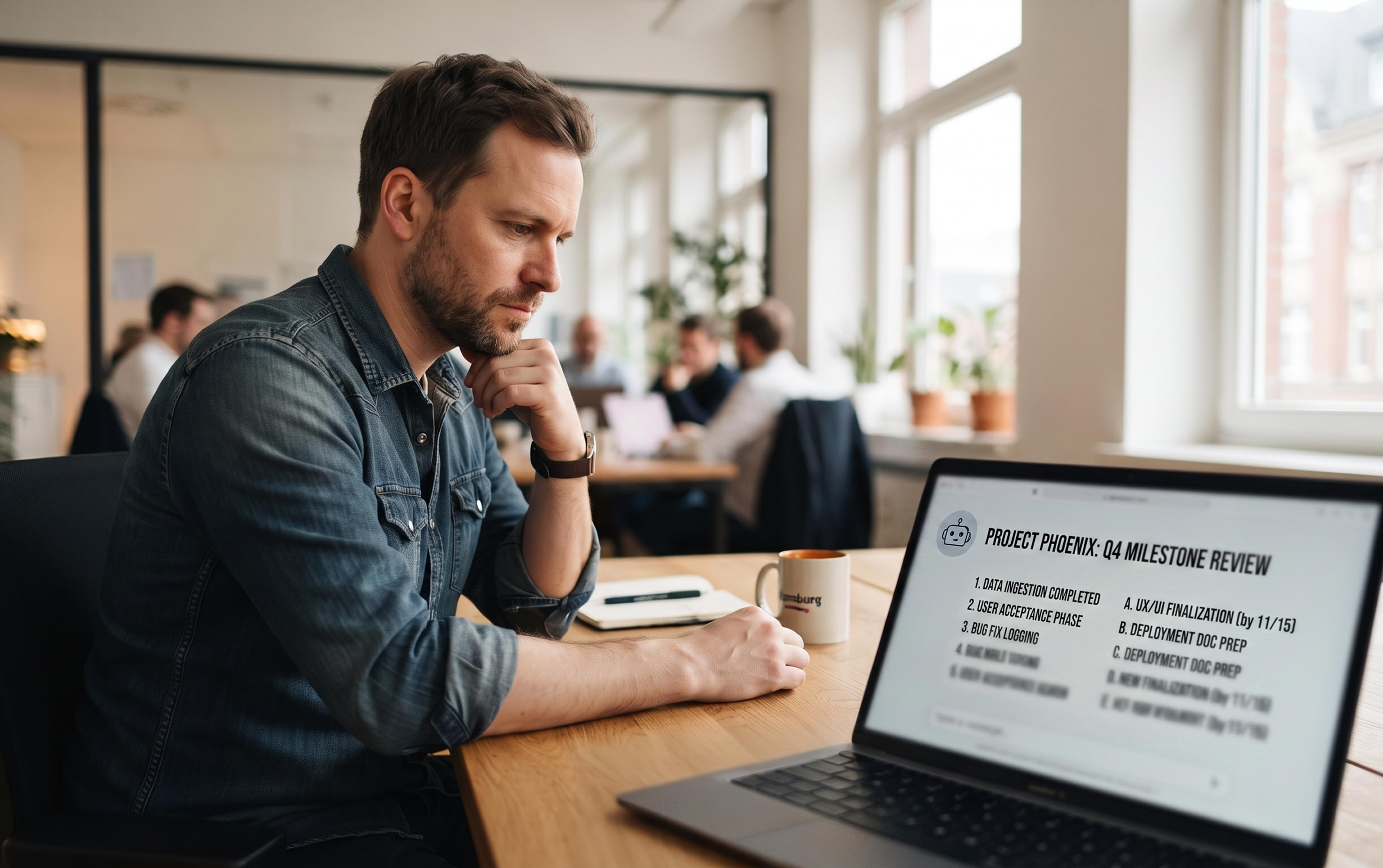 A man in a denim shirt working on a laptop in the office with a notebook and coffee cup beside him.