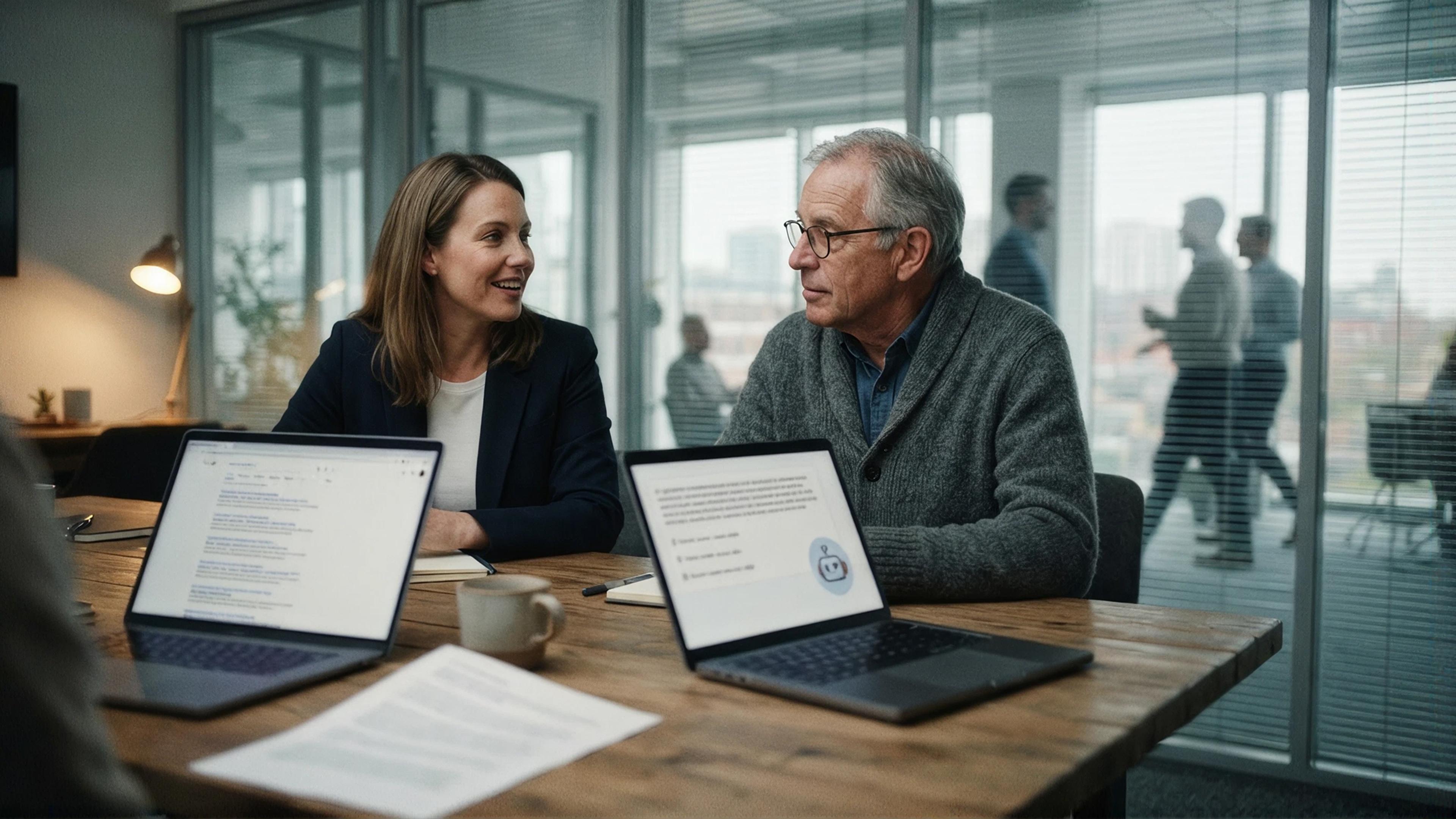 Two people at a wooden table with laptops, surrounded by glass office partitions.