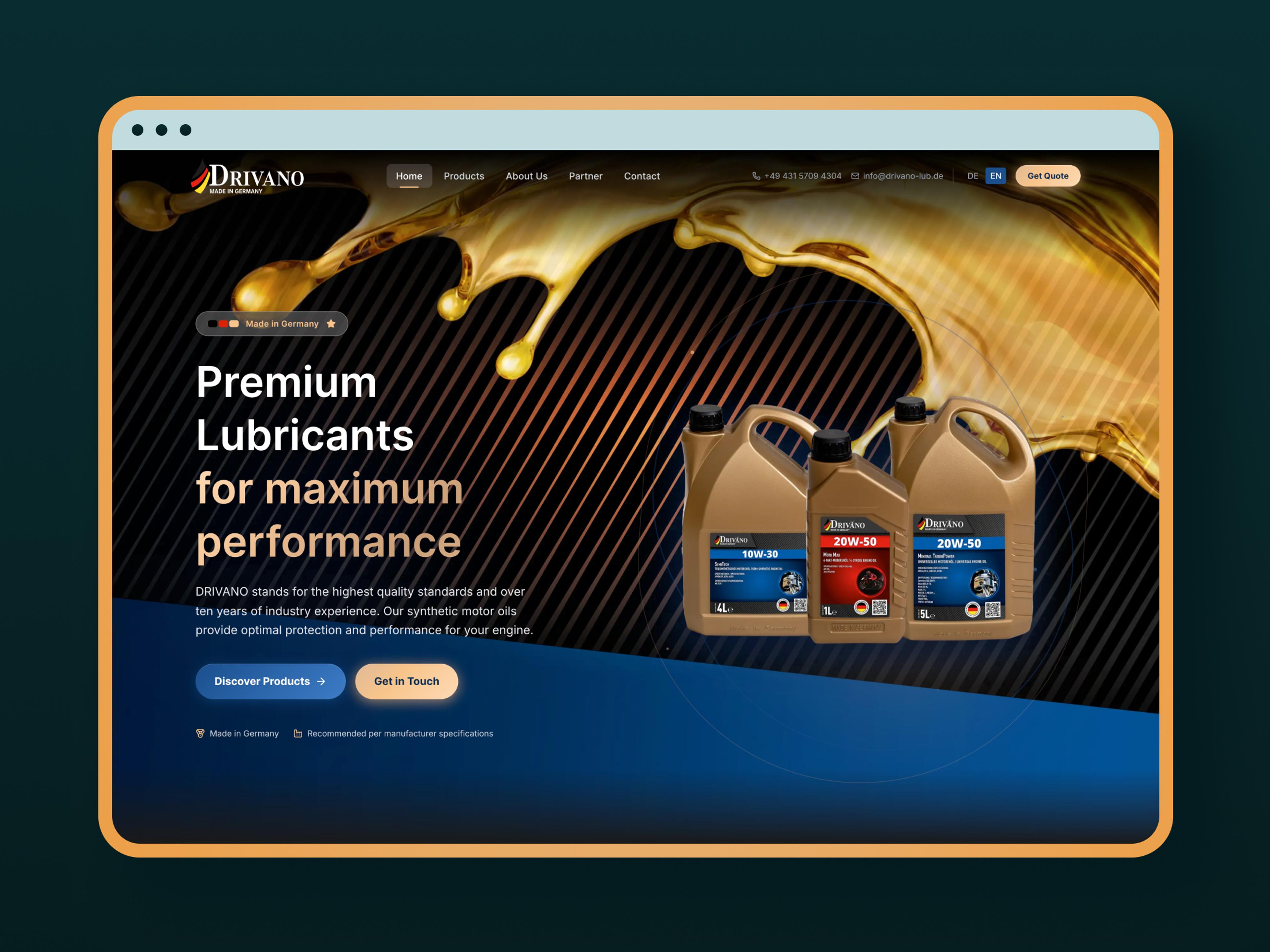 Banner zeigt drei Kanister mit Schmieröl, goldene Flüssigkeit im Hintergrund, Text über Leistungsfähigkeit.