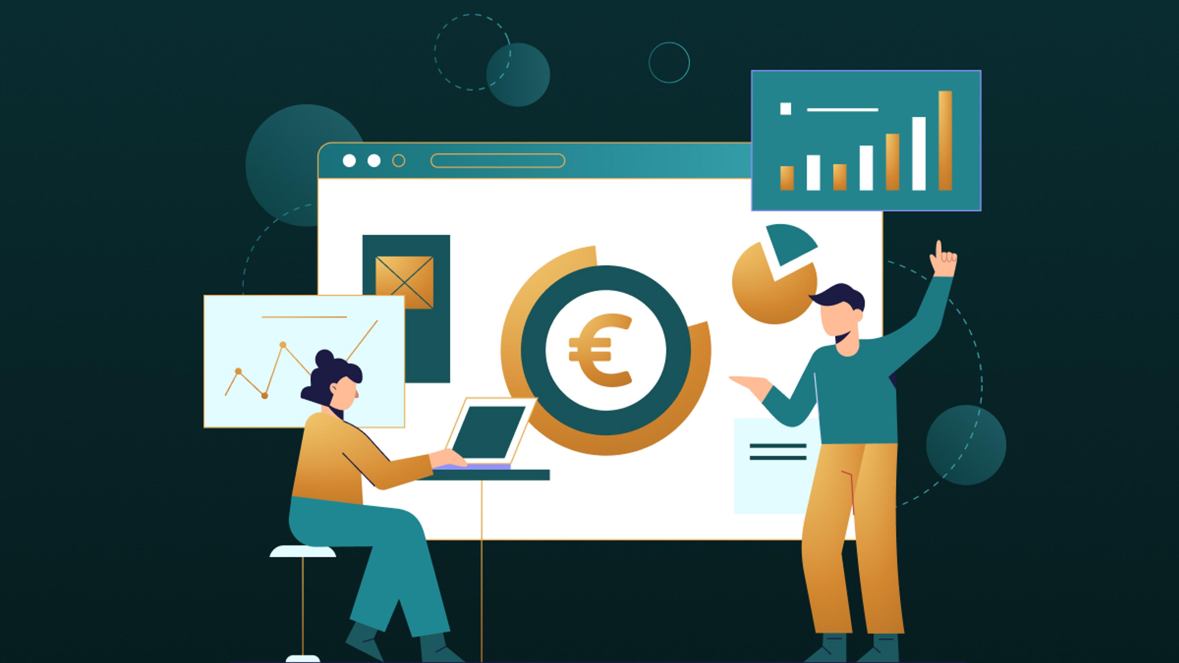 Illustration eines Teams vor einem Bildschirm mit Euro-Symbol, Kreis-, Balken- und Liniendiagrammen