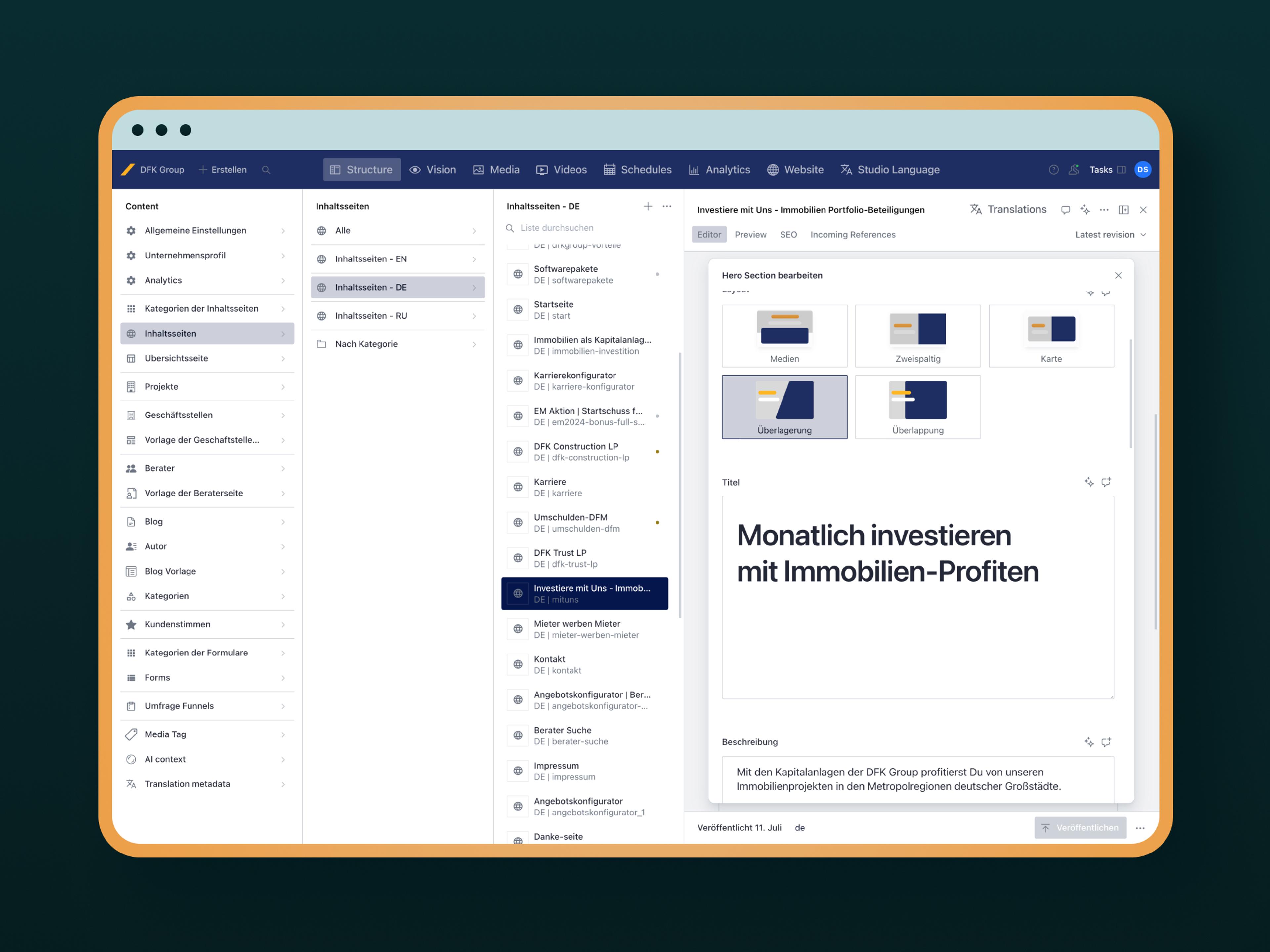 Screenshot einer CMS-Redaktionsoberfläche mit linkem Navigationsmenü, mittiger Seitenliste und rechter Editoransicht; im Editor sichtbar der Hero-Section-Titel ‚Monatlich investieren mit Immobilien-Profiten‘.