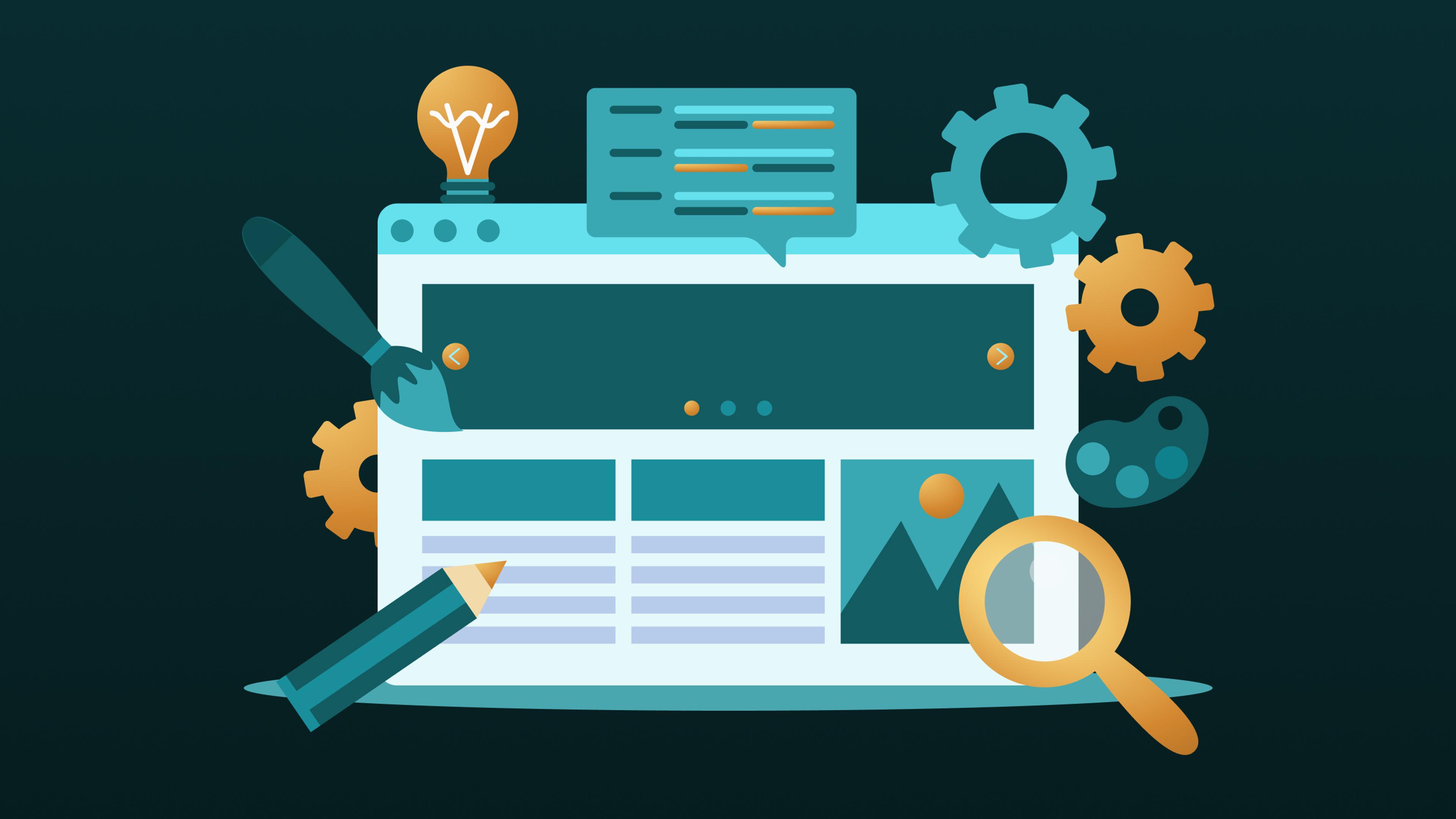 Webseite mit Symbolen wie Glühbirne, Zahnräder, Stift und Lupe in Blau- und Orangetönen