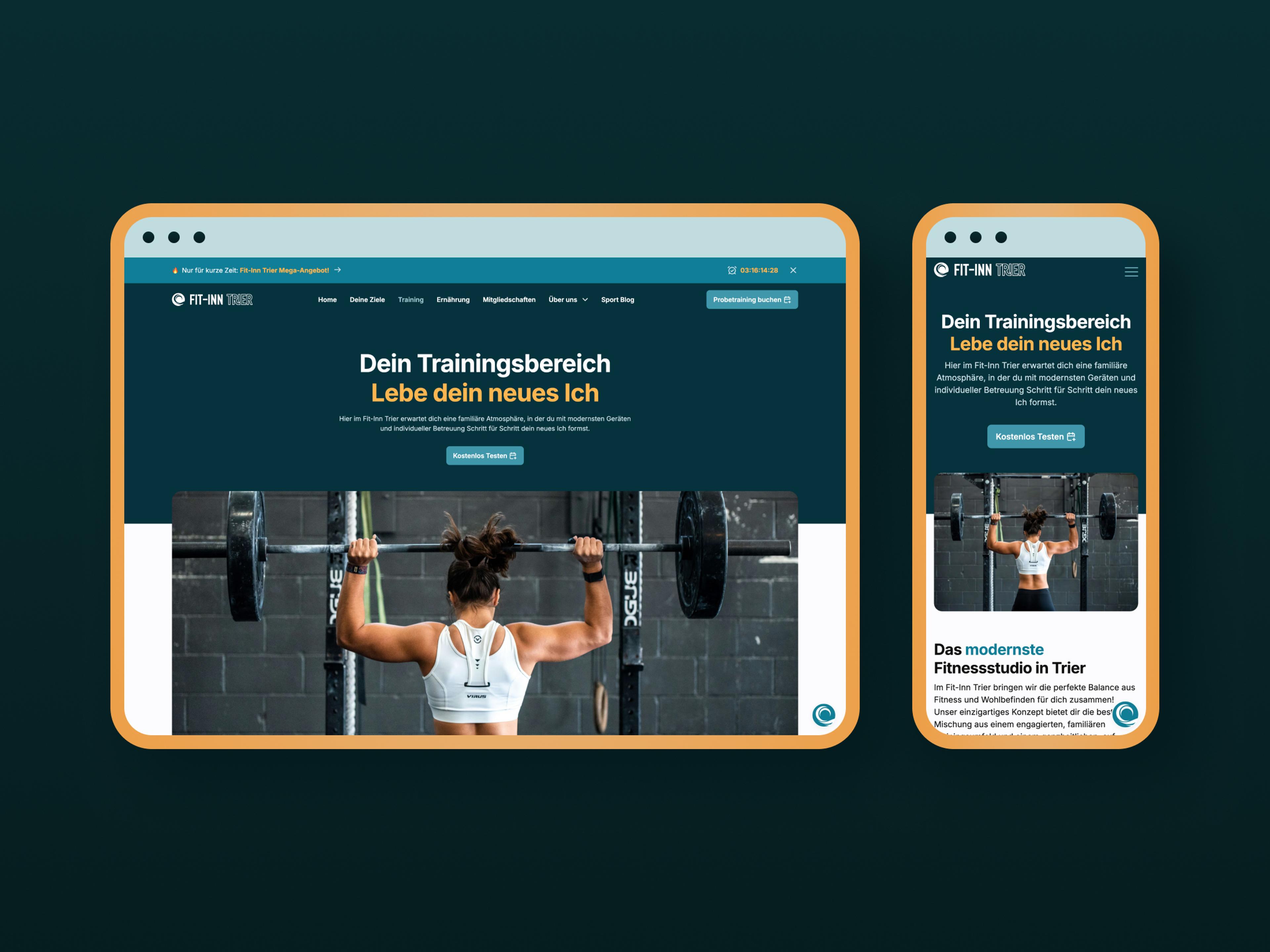 Abbildung einer responsiven Website-Mockup für das Fitnessstudio Fit-Inn Trier mit Desktop- und Mobilansicht, die eine Frau beim Gewichtheben zeigt