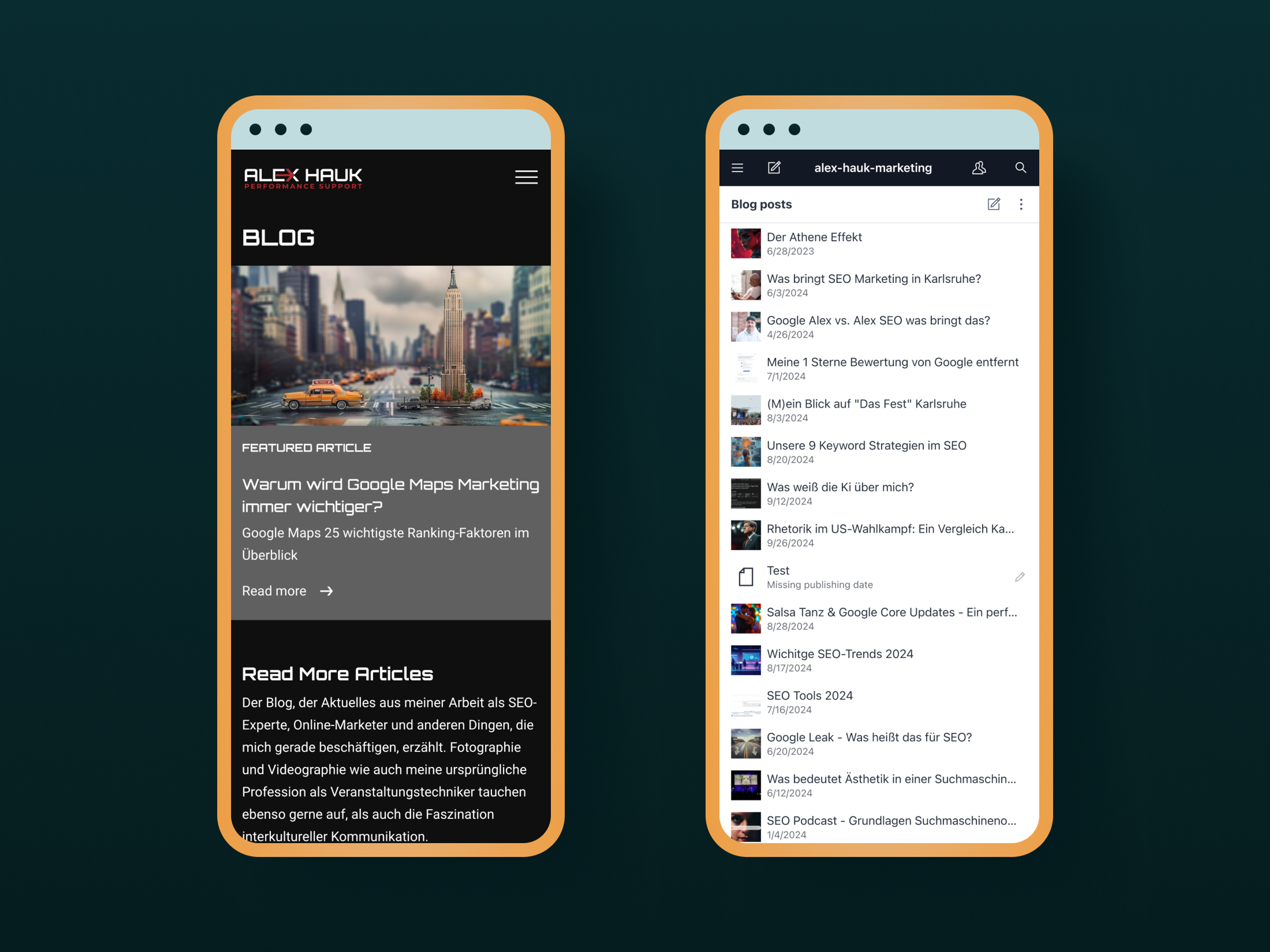 Zwei nebeneinander angeordnete Smartphone-Mockups, die mobile Blog-Ansichten einer Website zeigen: links die öffentliche Blog-Startseite mit Featured-Artikel über Google Maps, rechts eine Beitragsliste mit Titeln und Veröffentlichungsdaten.
