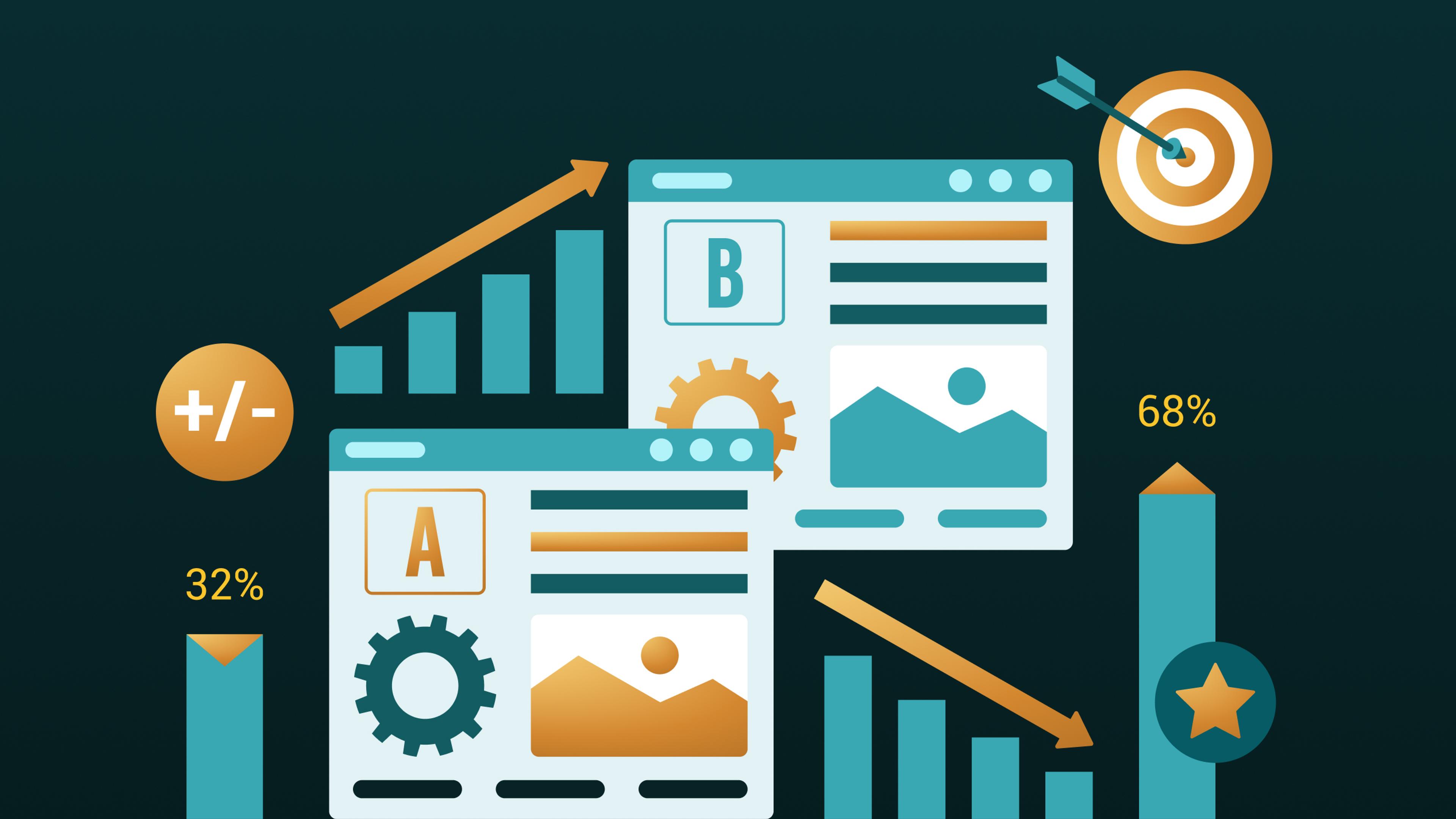 Grafik mit AB-Test-Elementen, Diagrammen, Pfeilen und Zielscheibe für Marketinganalyse.