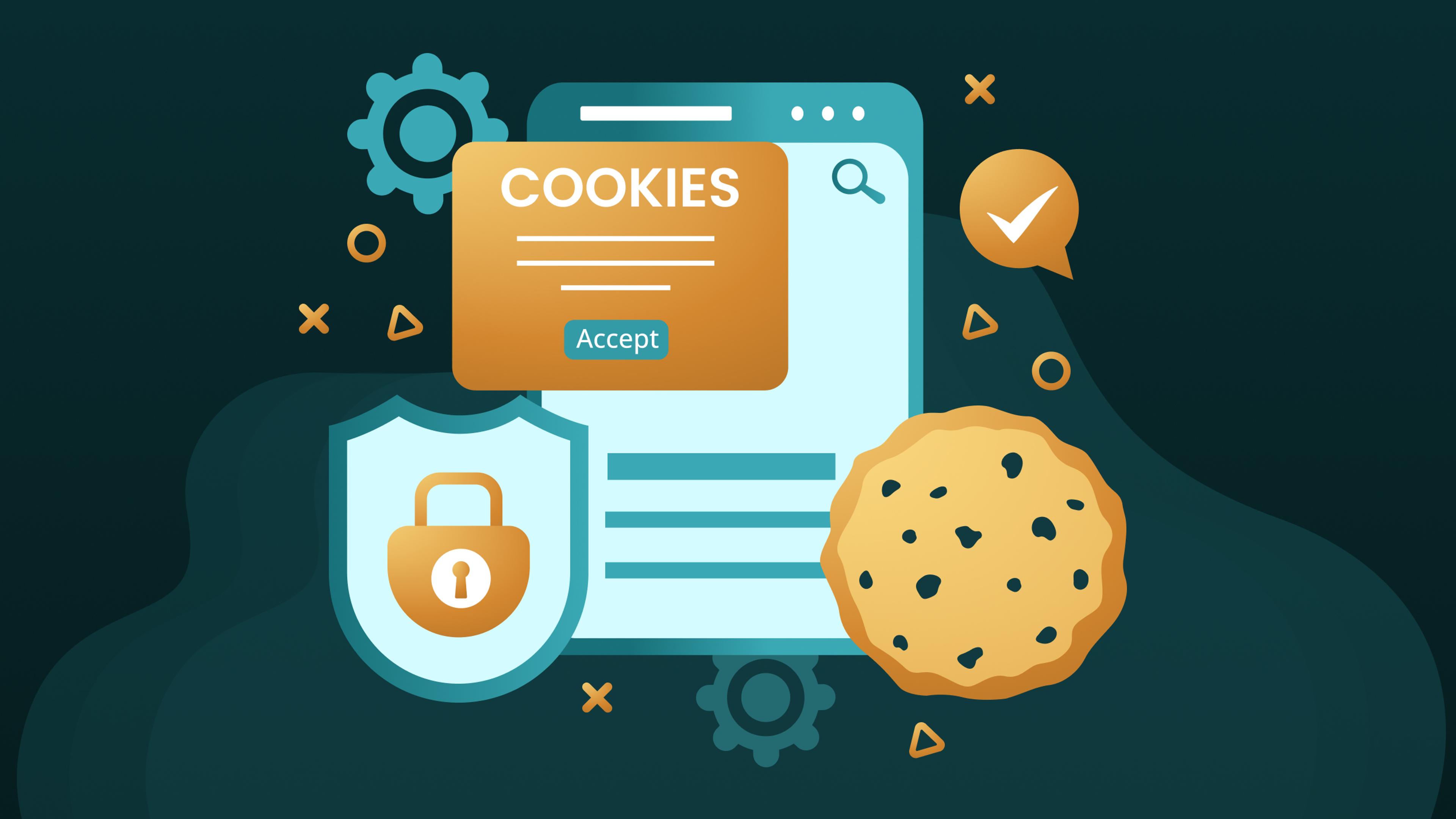 Graphic of a cookie consent, security icon, and cookie on a dark background