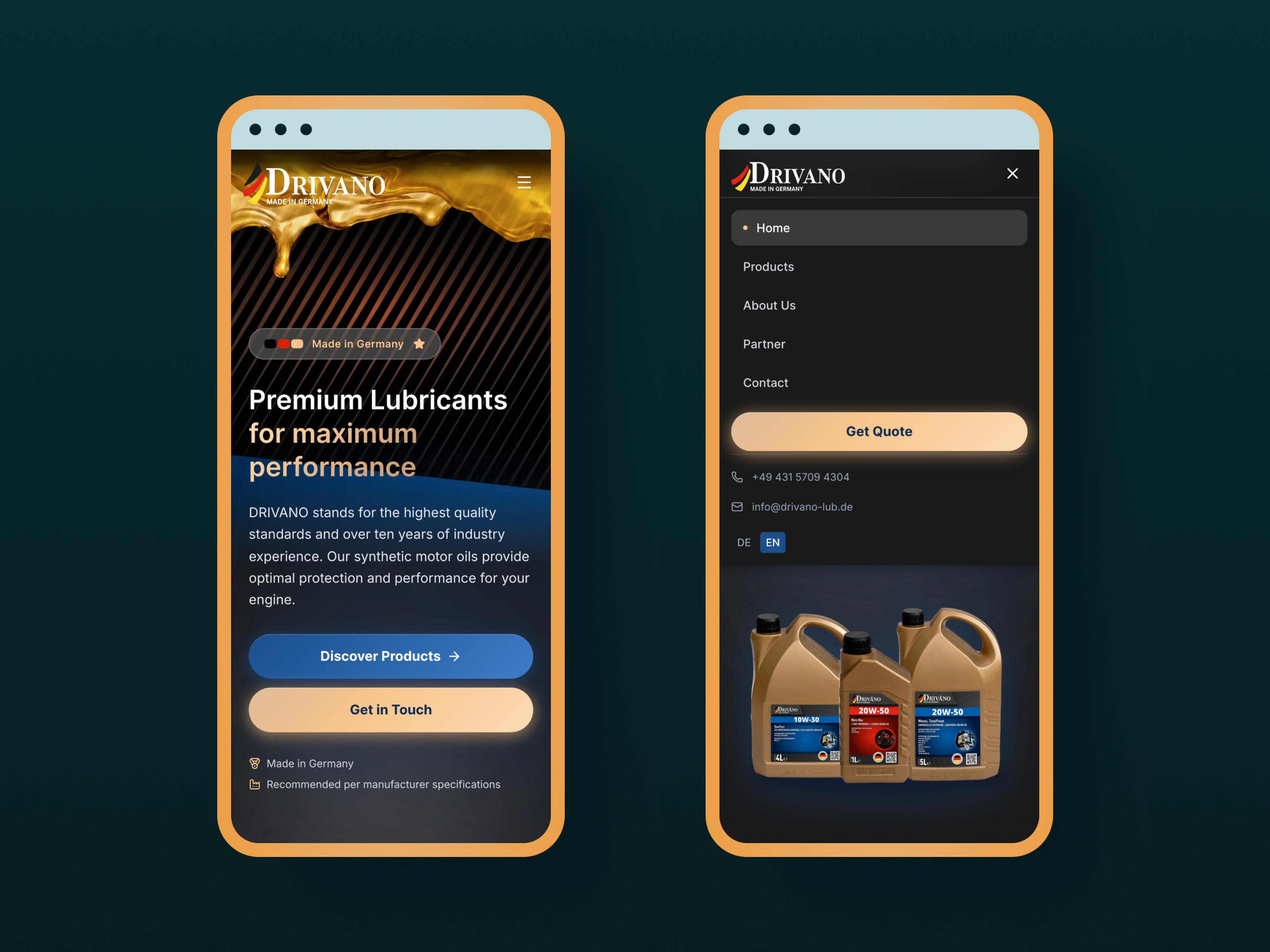 Zwei Handybildschirme mit Drivano-Webseite und Motorölbehältern.