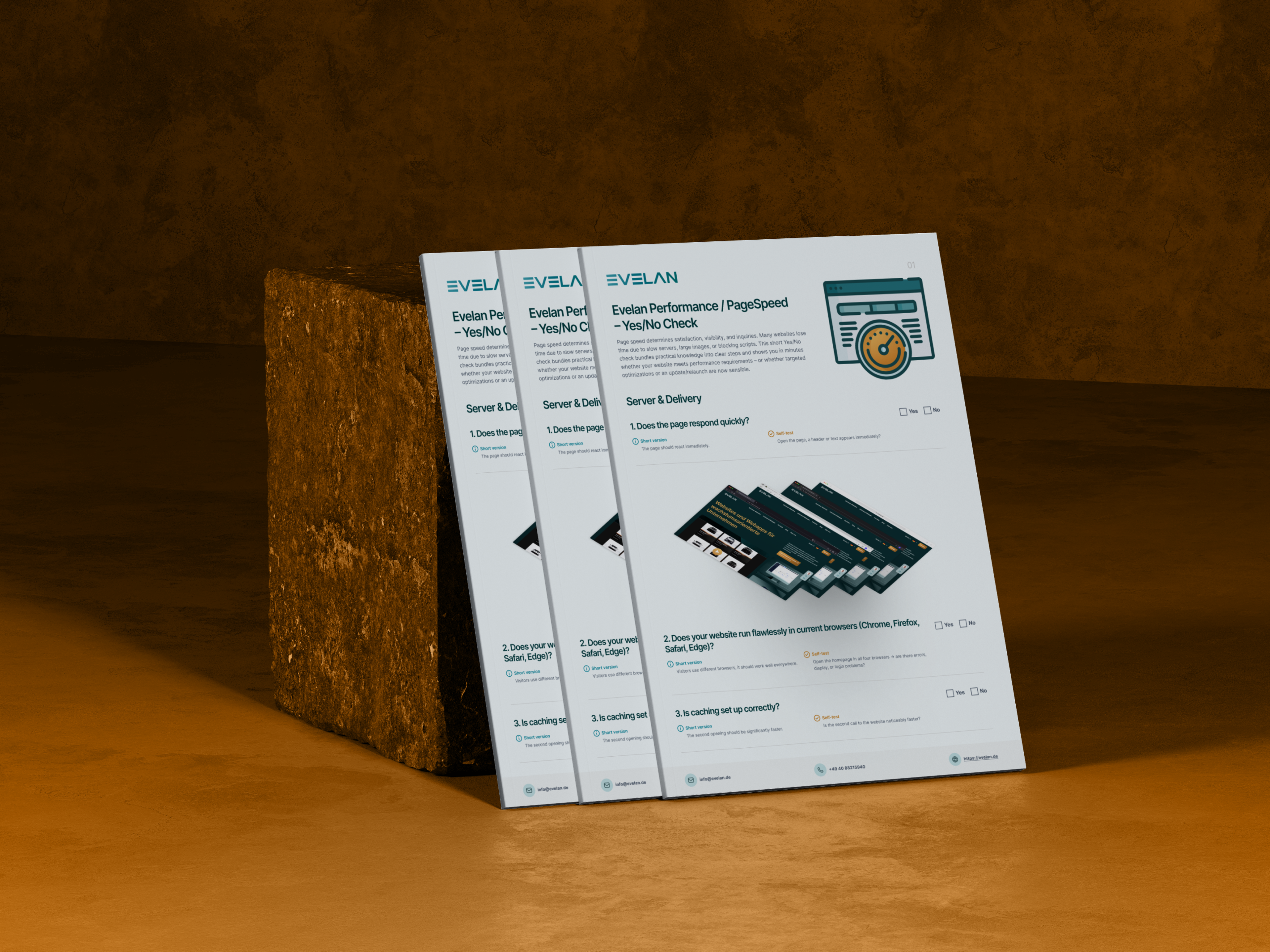 Three documents placed side by side show performance and page speed checks, set against a bronze background.