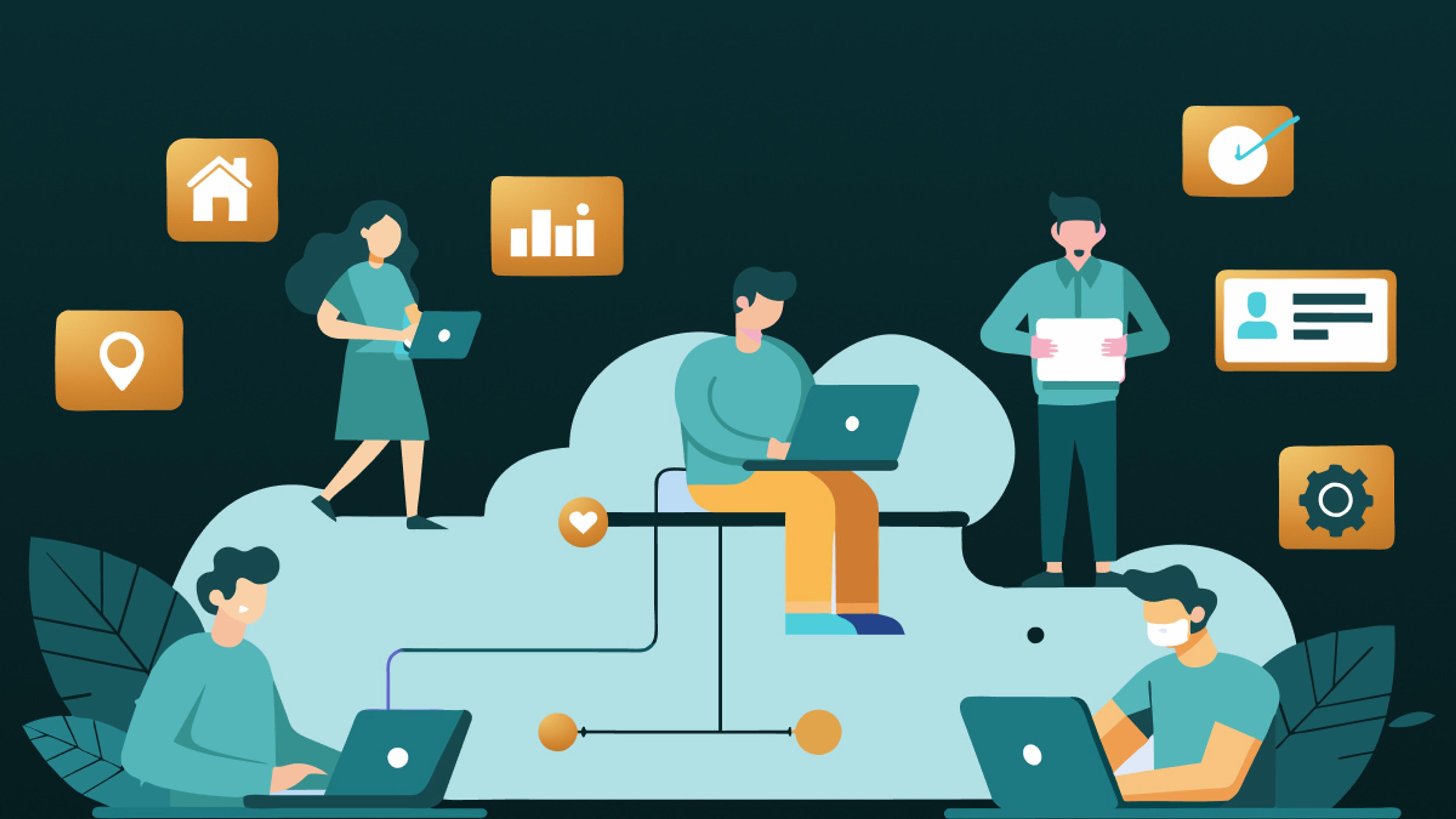 Illustration einer Cloud-Szene mit fünf Personen an Laptops, verbunden durch Linien und Symbolen für Standort, Haus, Diagramm, Uhrzeit, Profil und Einstellungen
