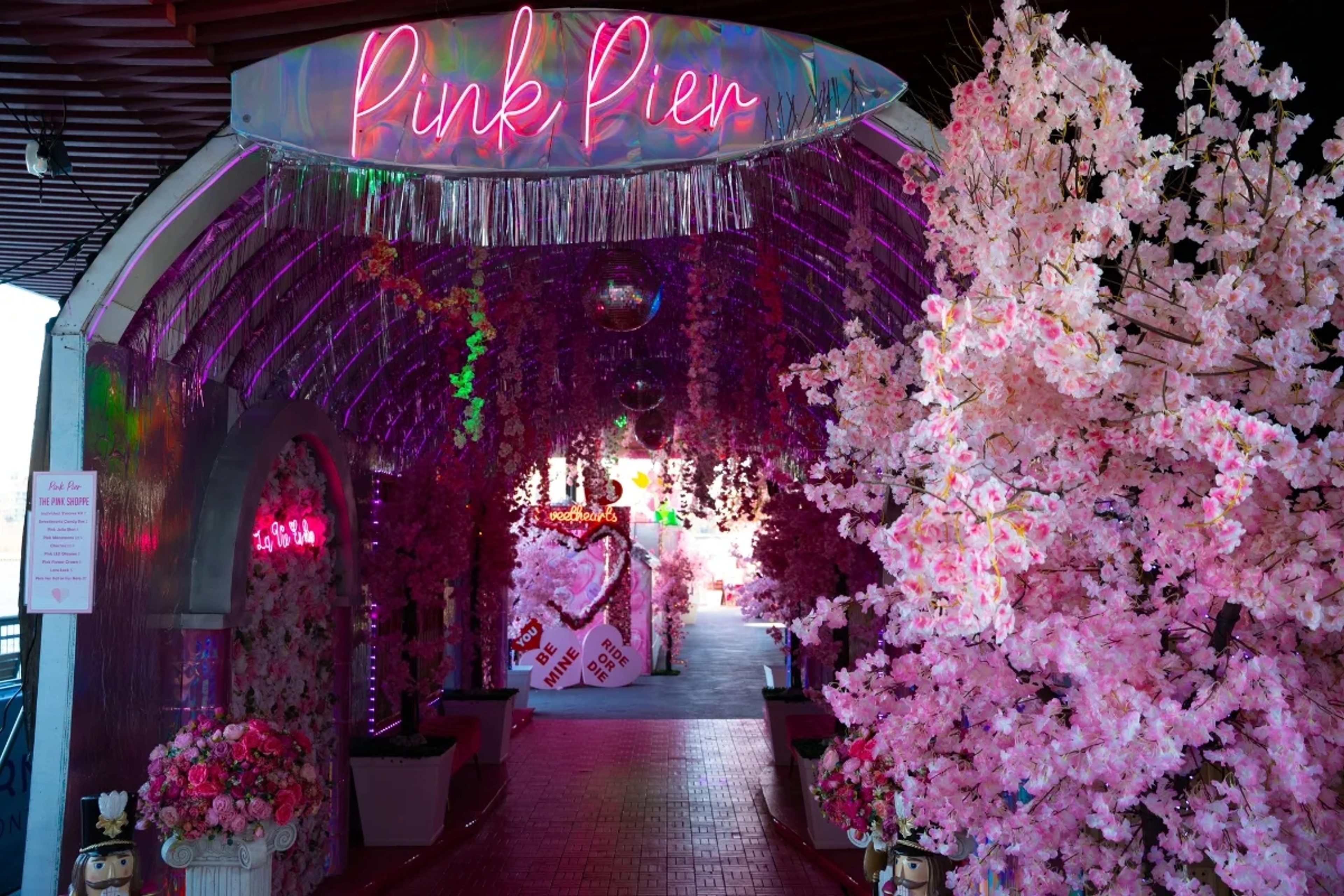 Pink Pier entrance in New York decorated with cherry blossoms