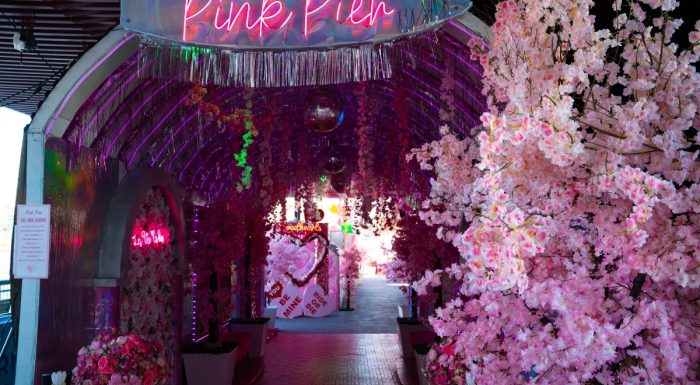 Pink Pier entrance in New York decorated with cherry blossoms