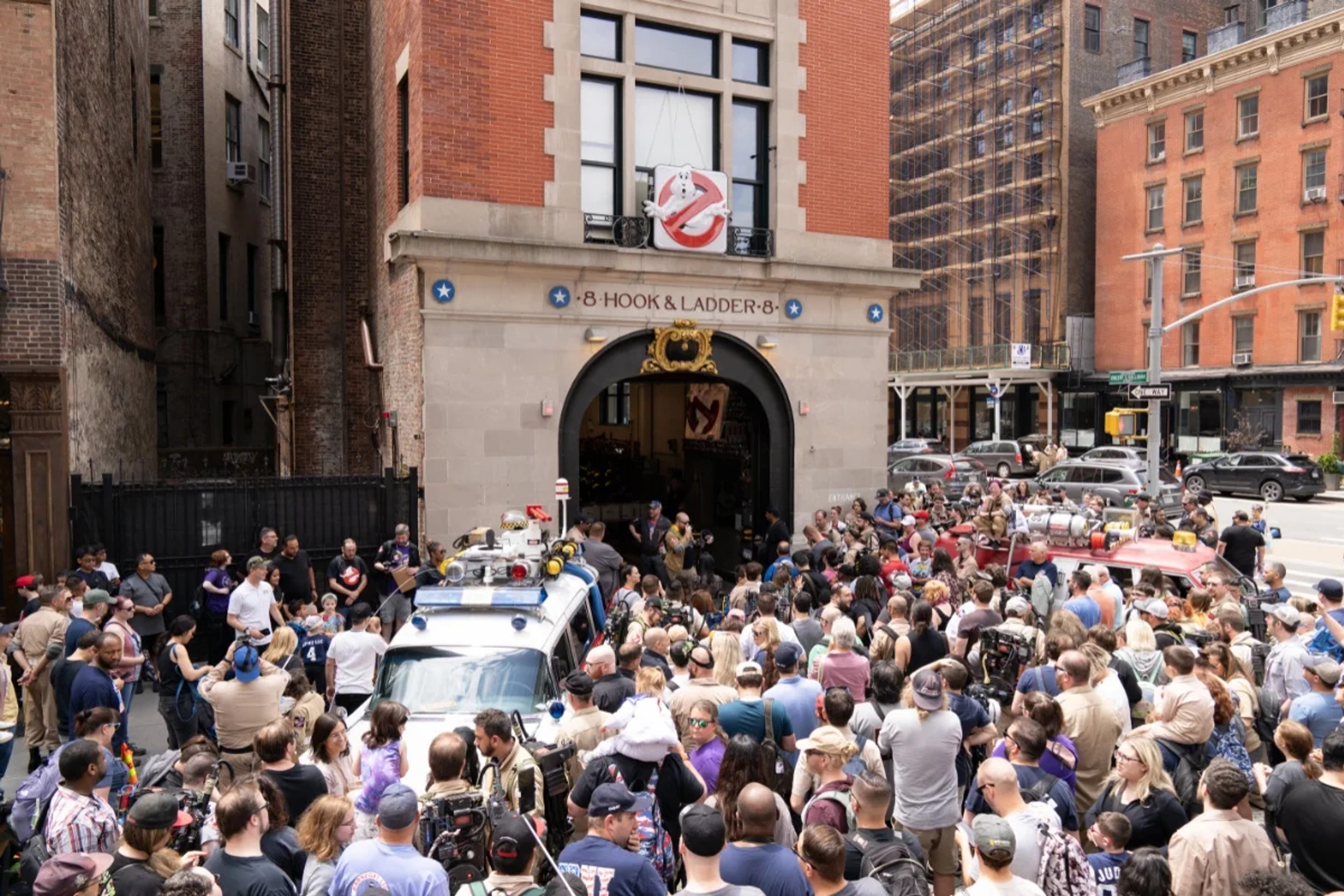 Ghostbusters Firehouse in TriBeCa with fans surrounded