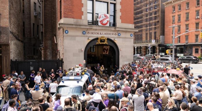 Ghostbusters Firehouse in TriBeCa with fans surrounded