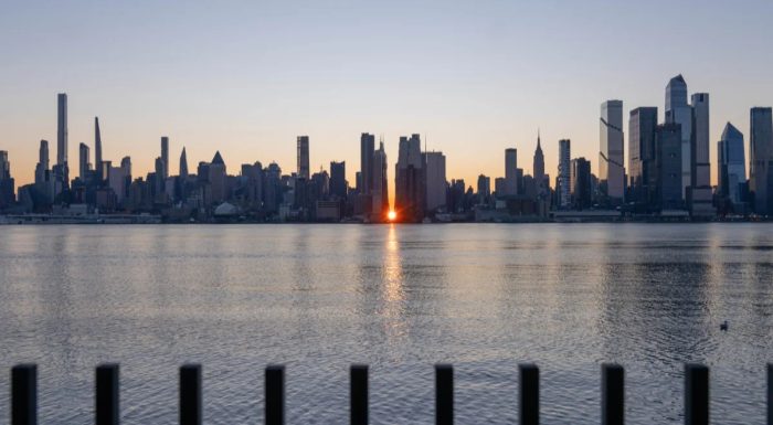 New York skyline with Winter Manhattanhenge sunrise