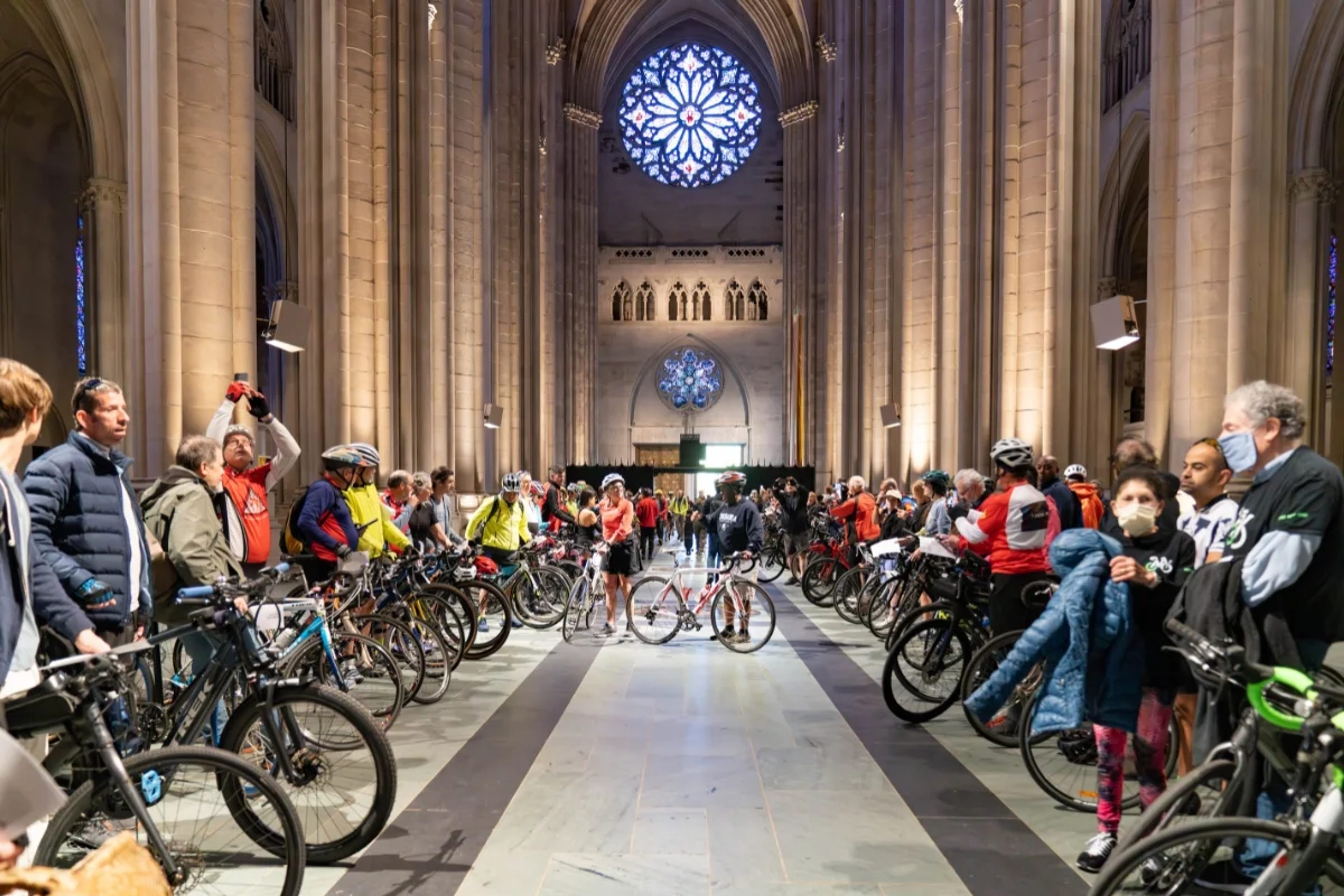 Bicycles lined up inside the Cathedral of St. John the Divine