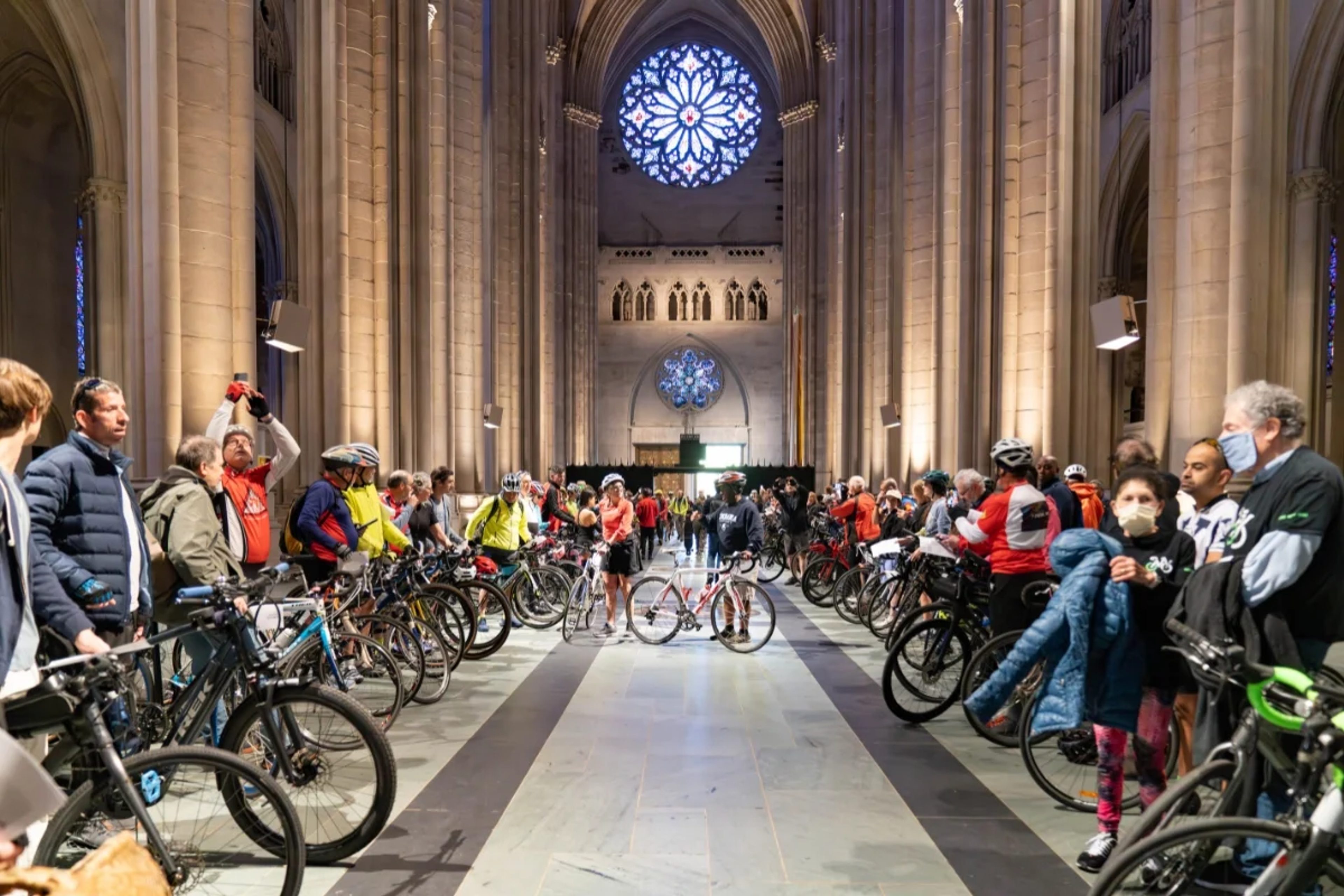 Bicycles lined up inside the Cathedral of St. John the Divine