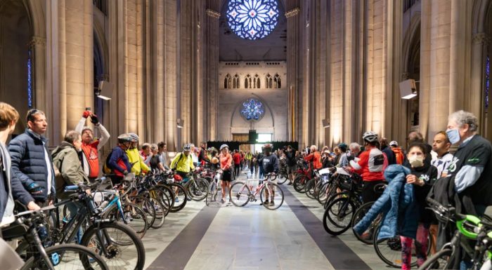 Bicycles lined up inside the Cathedral of St. John the Divine