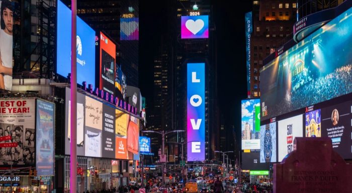 Times Square billboard reading LOVE