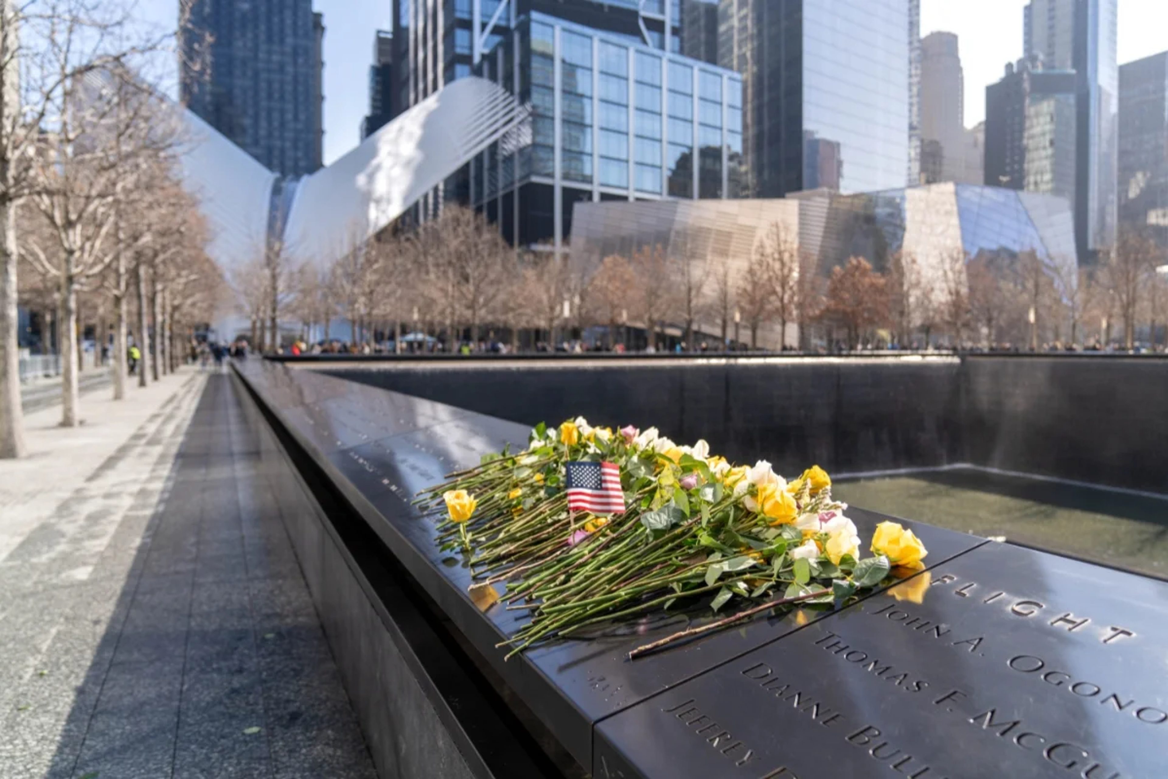 Yellow roses on the 9/11 Memorial North Pool