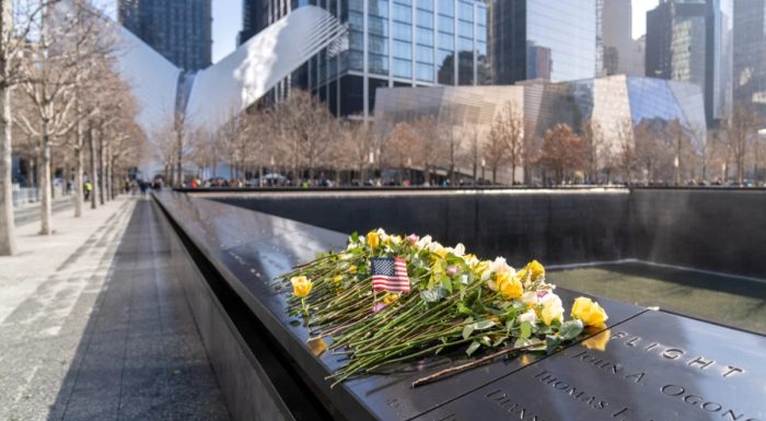 Yellow roses on the 9/11 Memorial North Pool