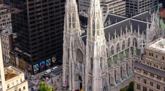 Bird's eye view of St. Patrick's Cathedral on Fifth Avenue