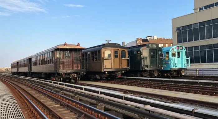 Three vintage subways on tracks